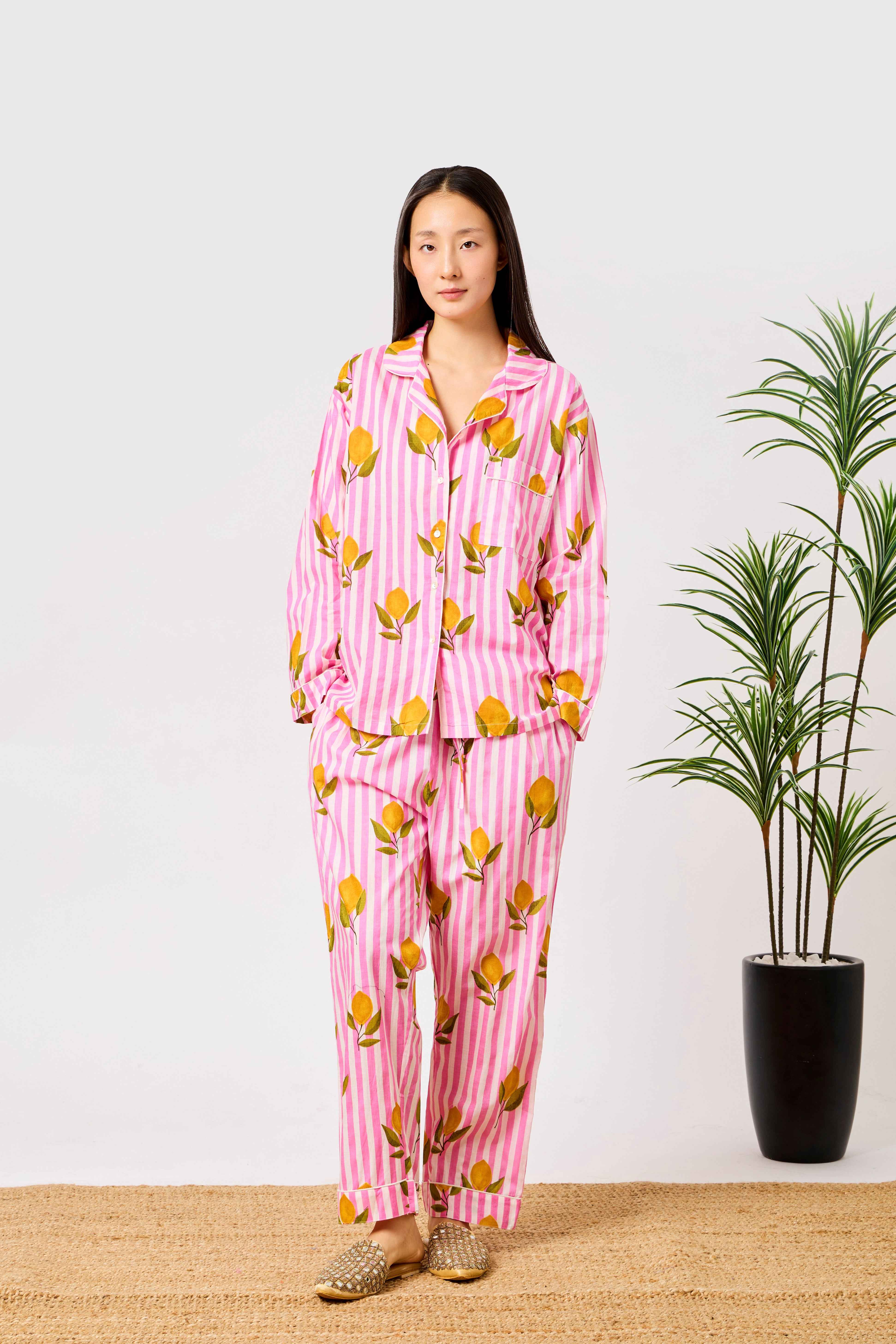 Pink Cotton Lemon Print Striped Night Suit Set for Women | Limona