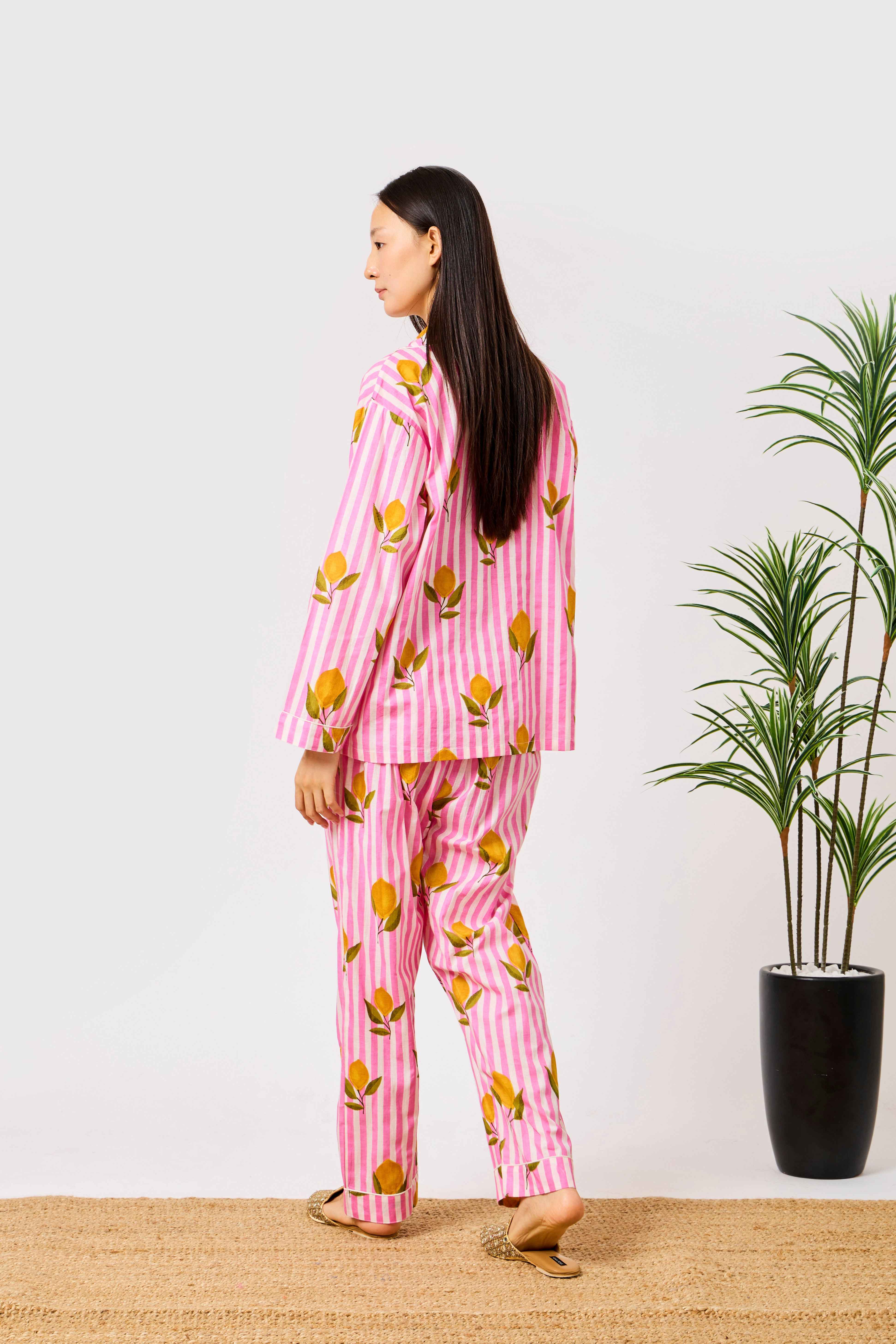 Pink Cotton Lemon Print Striped Night Suit Set for Women | Limona