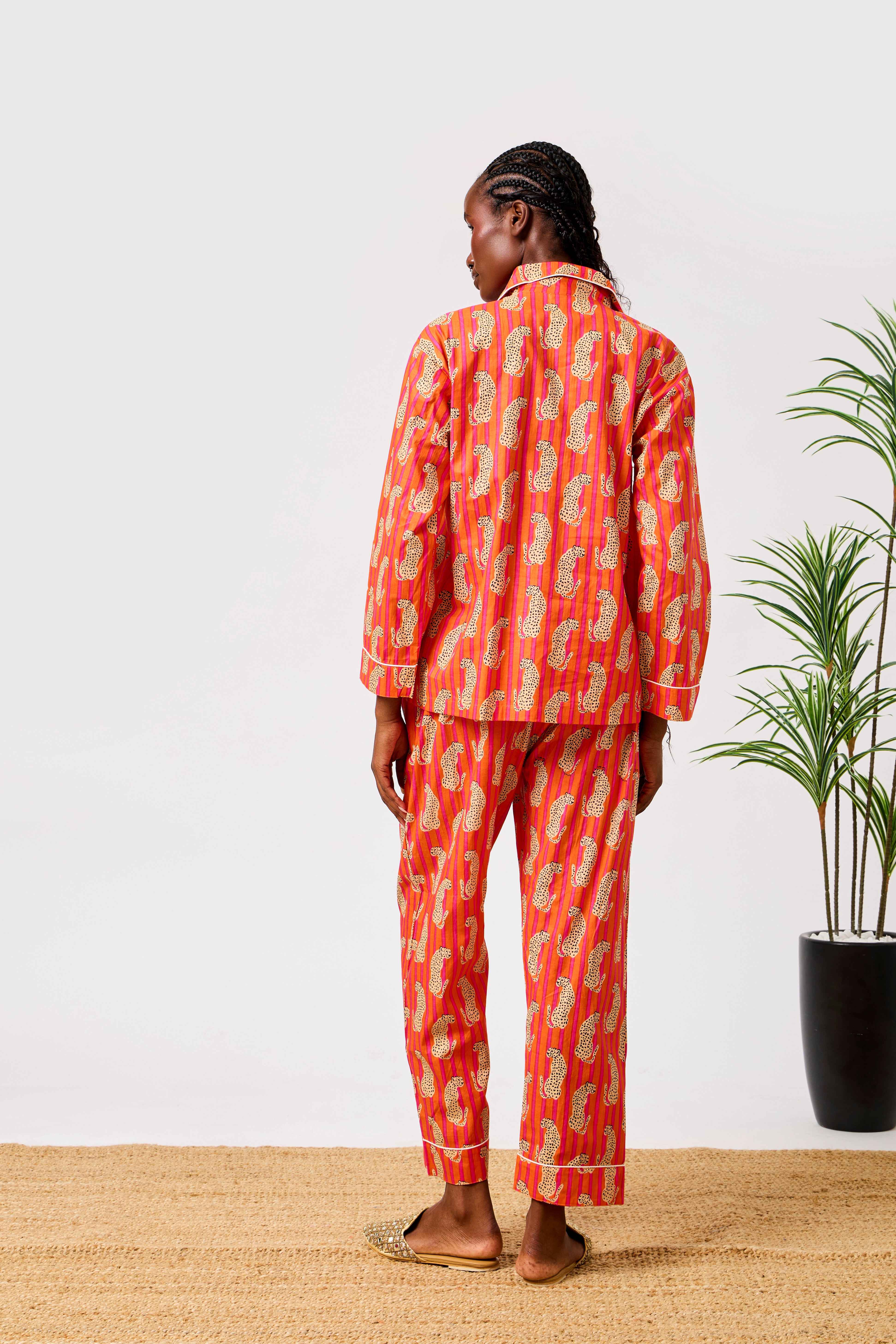 Orange Cotton Animal Print Night Suit Set with Long Sleeve Button-Down Top & Straight-Fit Trousers | Savara