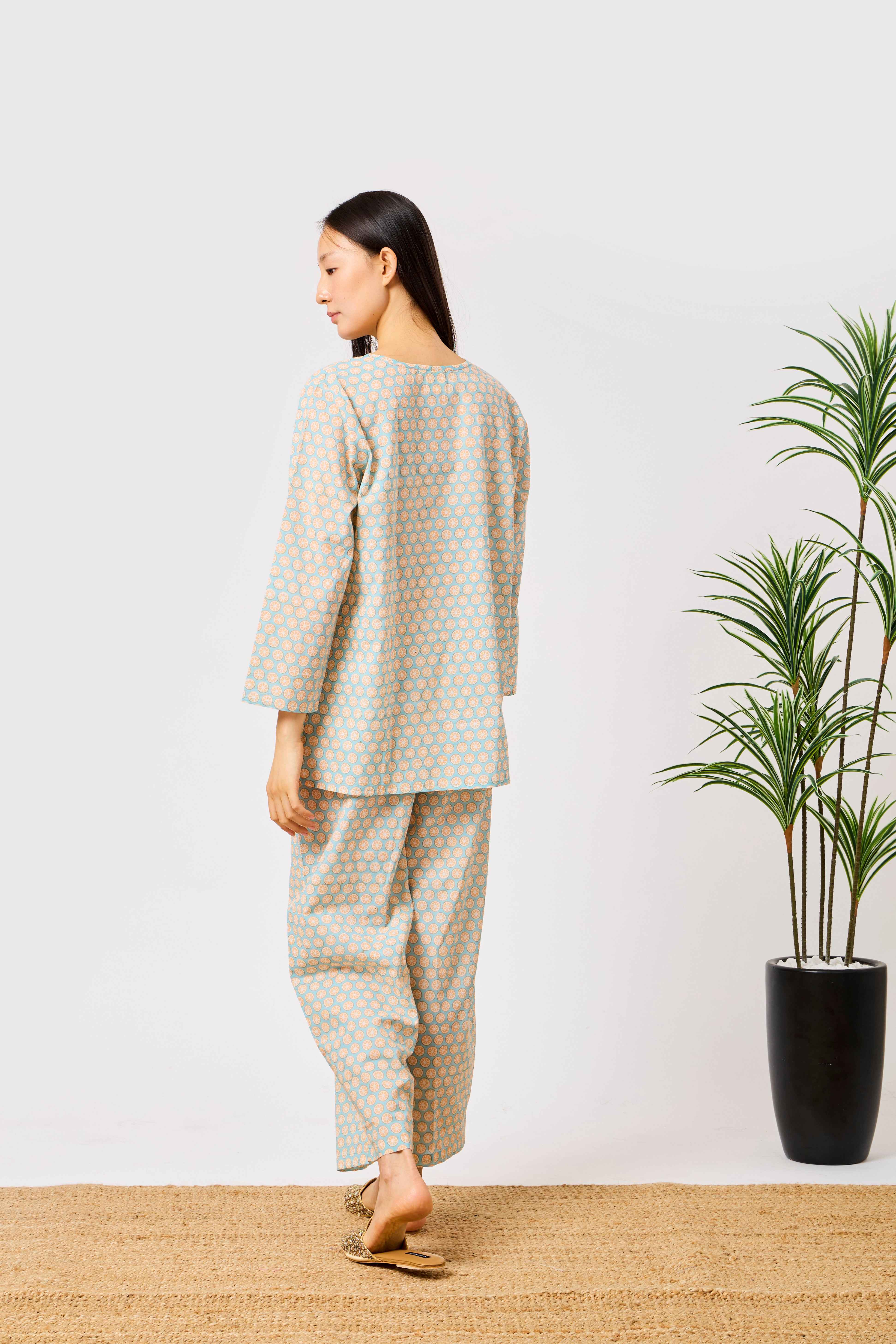 Cotton Printed Night Suit Set with Long Sleeve Button-Detail Top & Straight-Fit Trousers | Serena