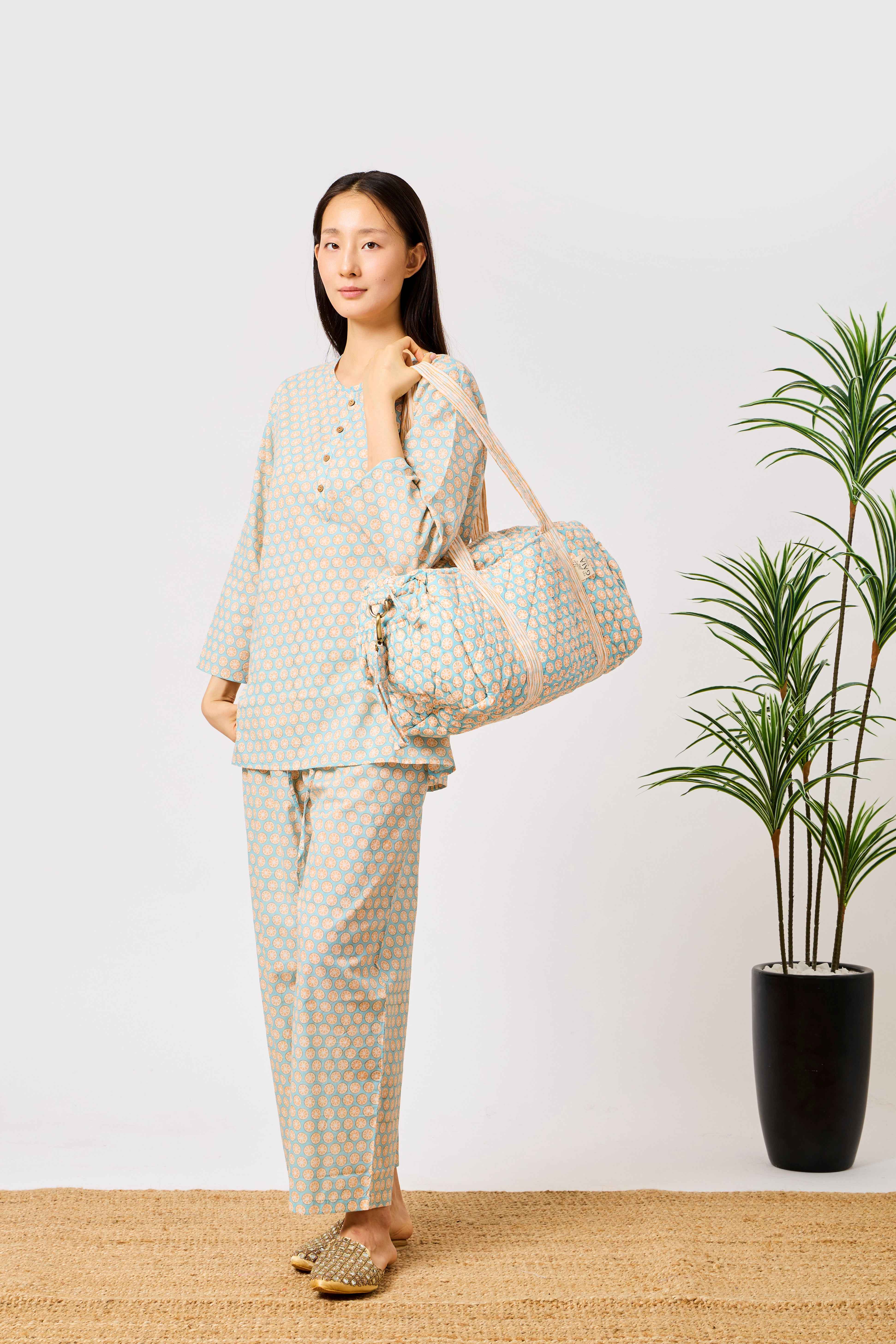 Blue Block Print Quilted Cotton Travel Duffle Bag | Bazma