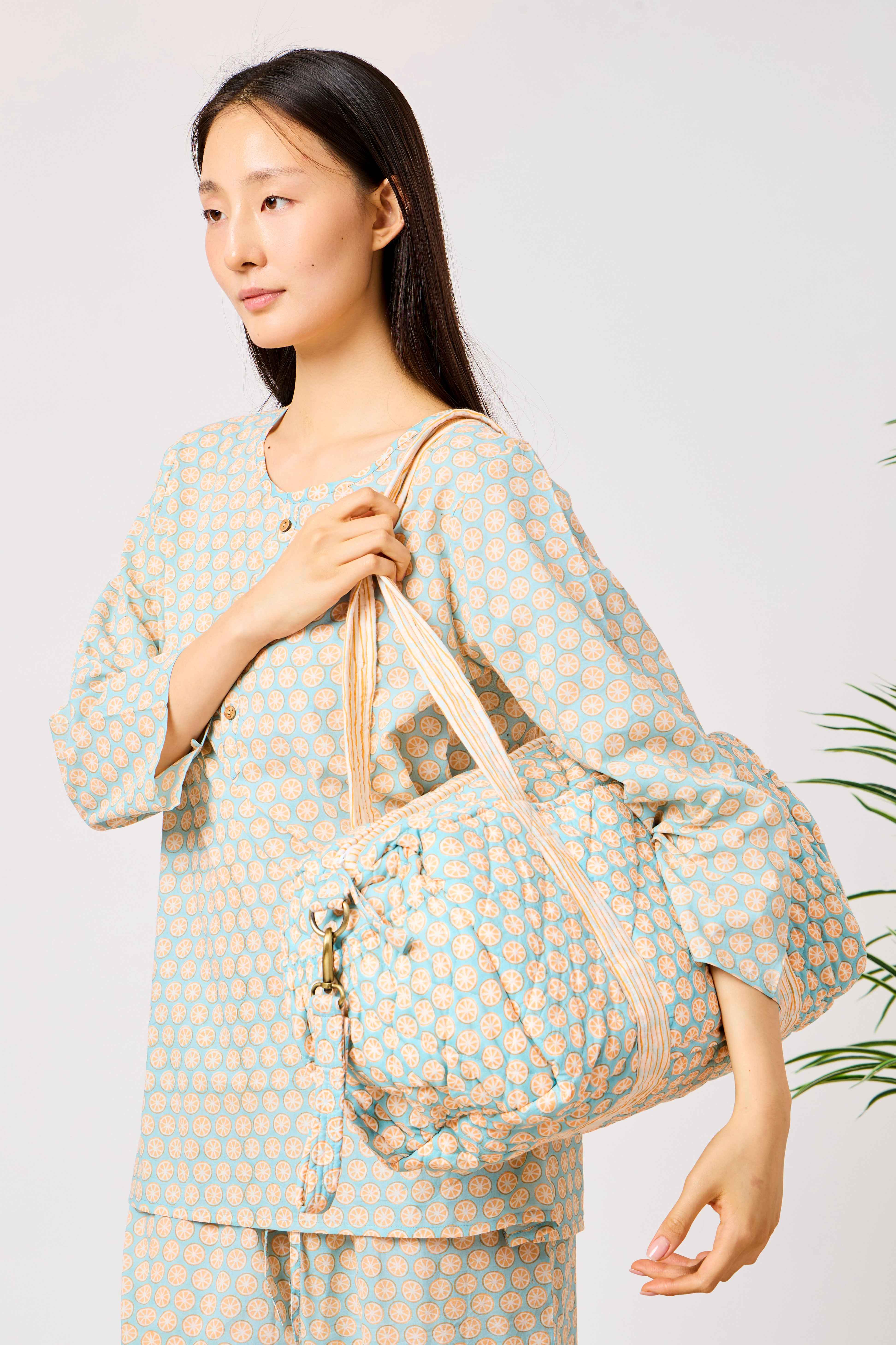 Blue Block Print Quilted Cotton Travel Duffle Bag | Bazma