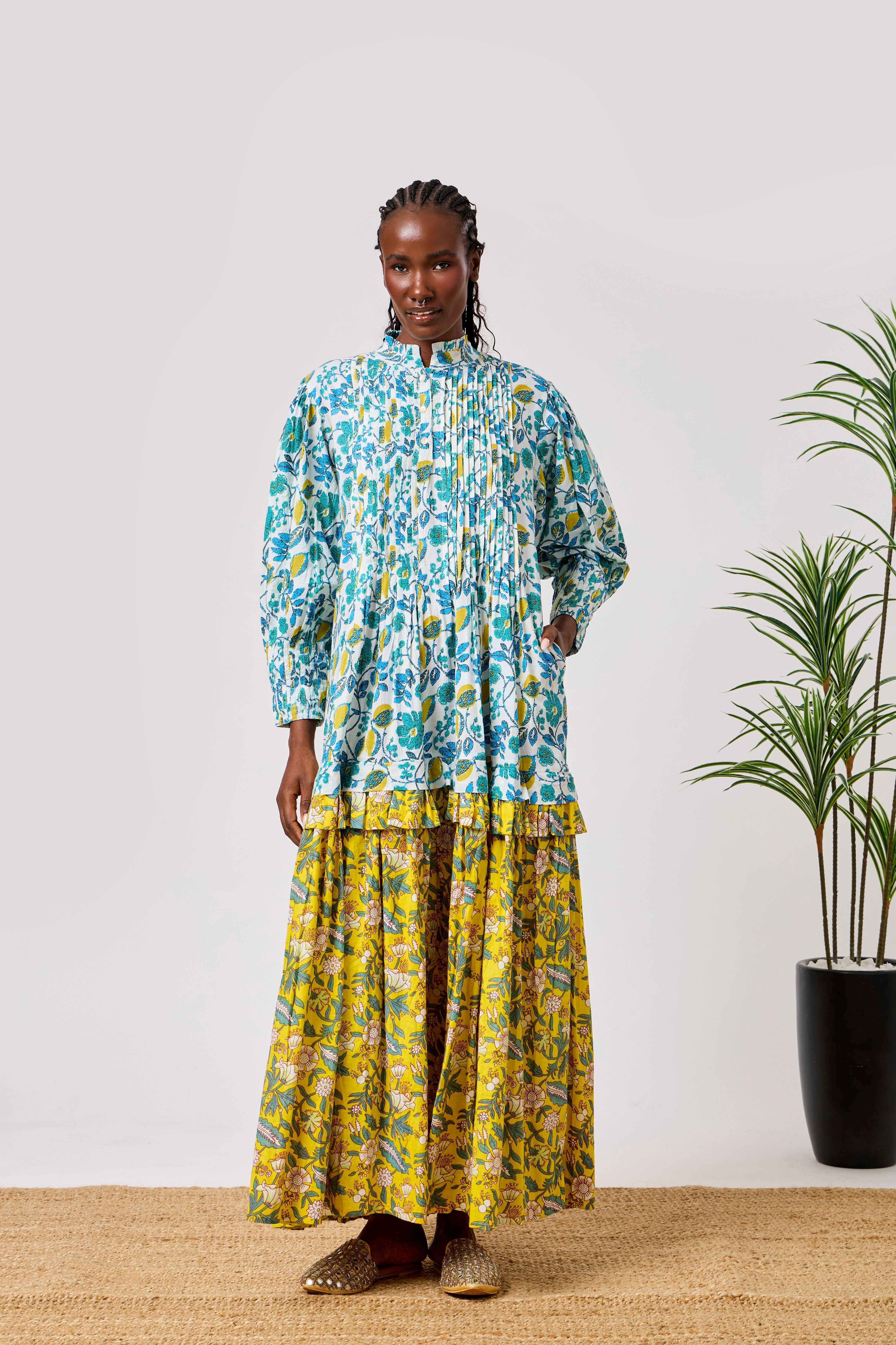 Blue & Yellow Cotton Summer Flared Maxi Dress with Floral Block Print, Pintuck Bodice & Tiered Skirt | Zahra