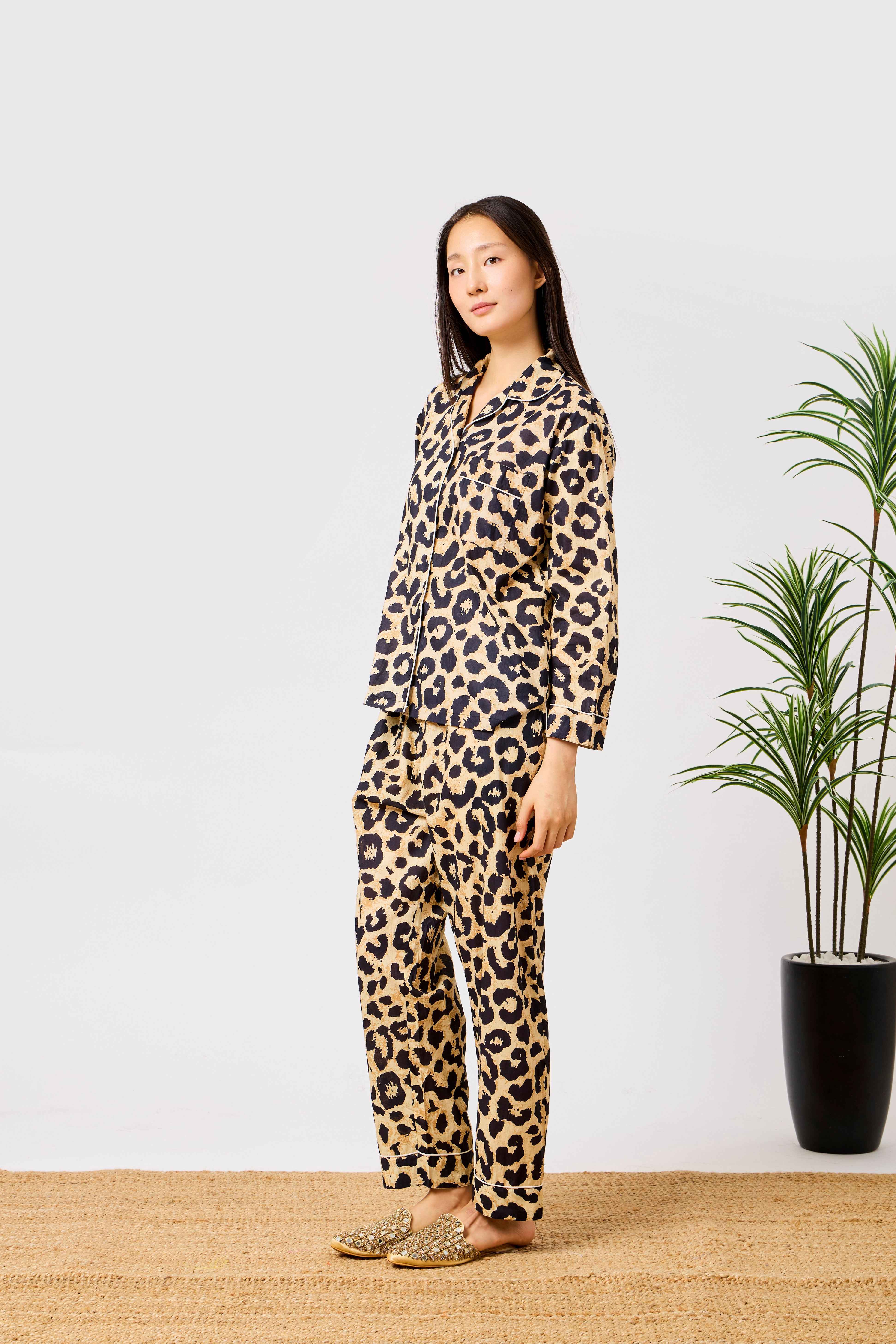 Beige Cotton Leopard Print Night Suit Set with Long Sleeve Button-Down Top & Straight-Fit Trousers | Zafira