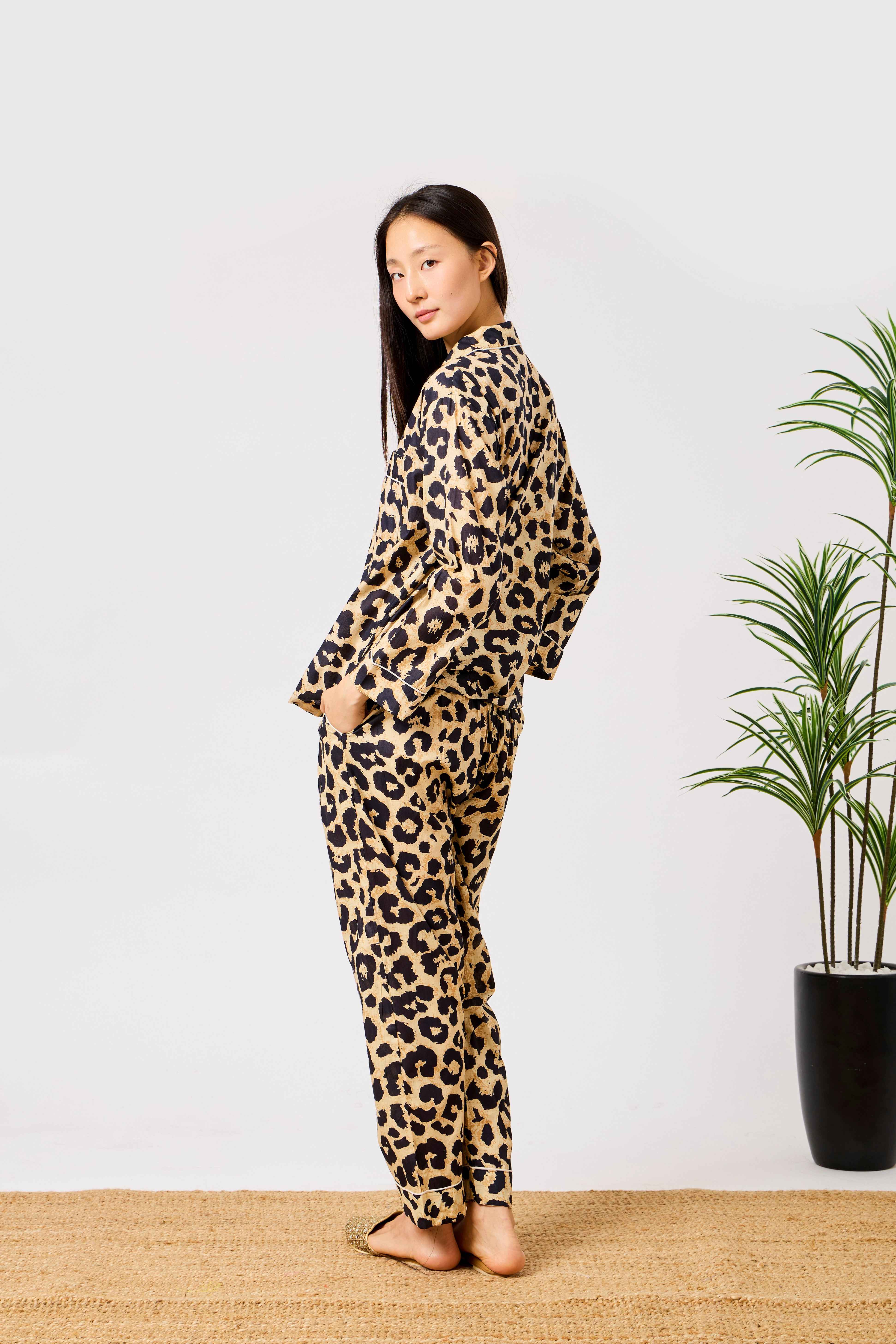 Beige Cotton Leopard Print Night Suit Set with Long Sleeve Button-Down Top & Straight-Fit Trousers | Zafira