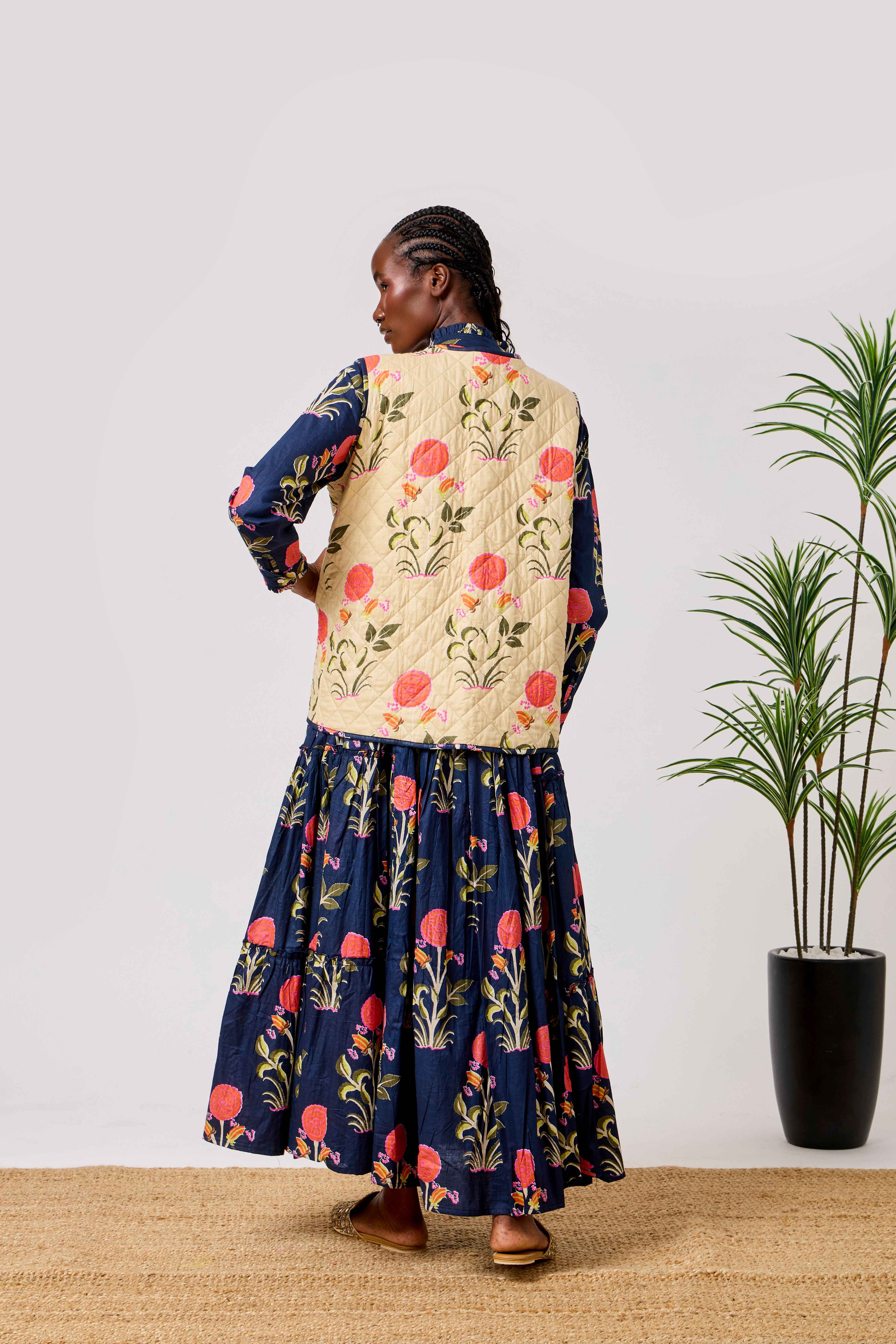 Navy Cotton Summer Flared Maxi Dress with Floral Block Print & Reversible Quilted Cotton Vest | Yasmina