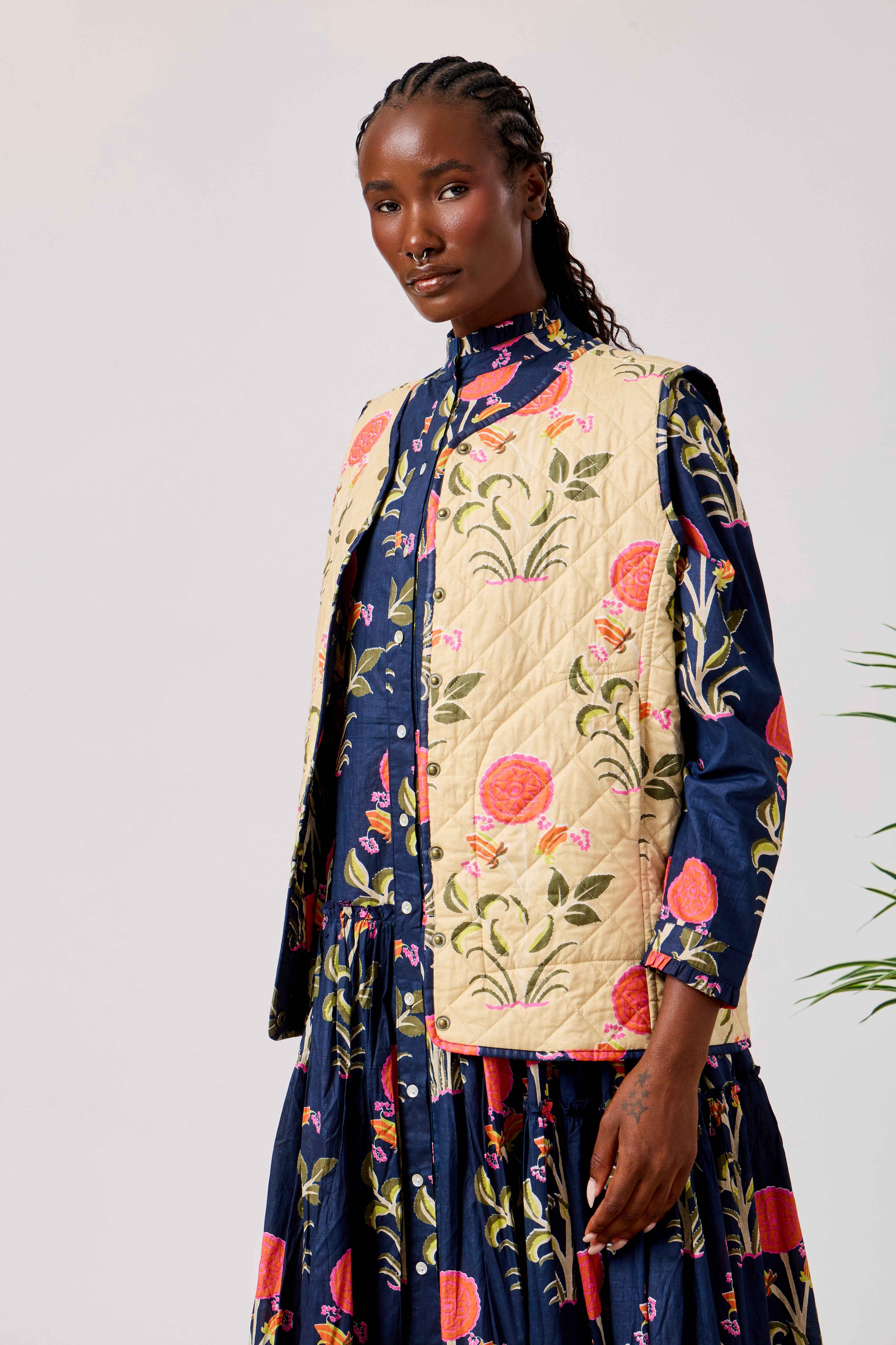 Navy Cotton Summer Flared Maxi Dress with Floral Block Print & Reversible Quilted Cotton Vest | Yasmina