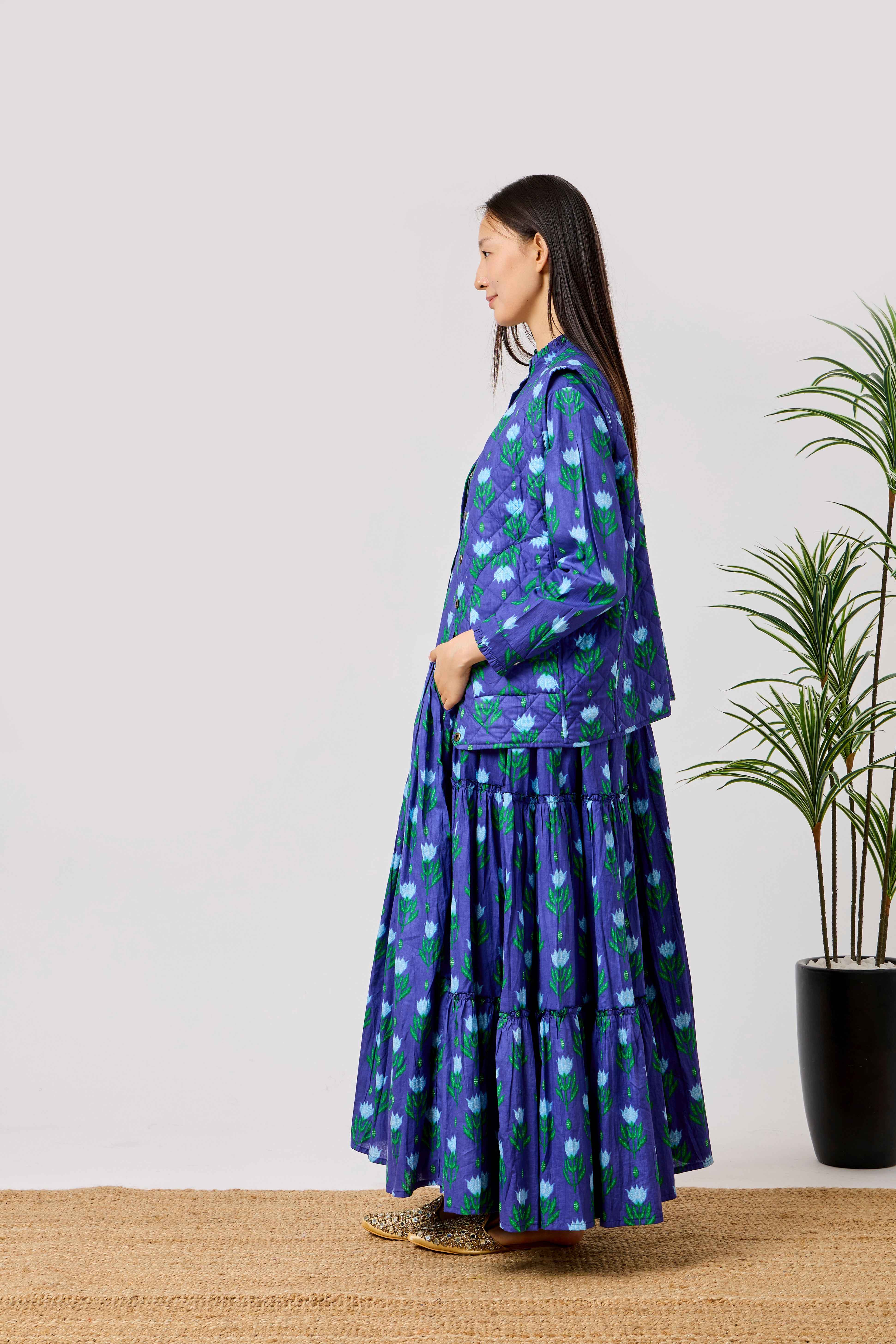 Blue Cotton Summer Flared Maxi Dress with Floral Block Print & Reversible Quilted Cotton Vest | Azraq