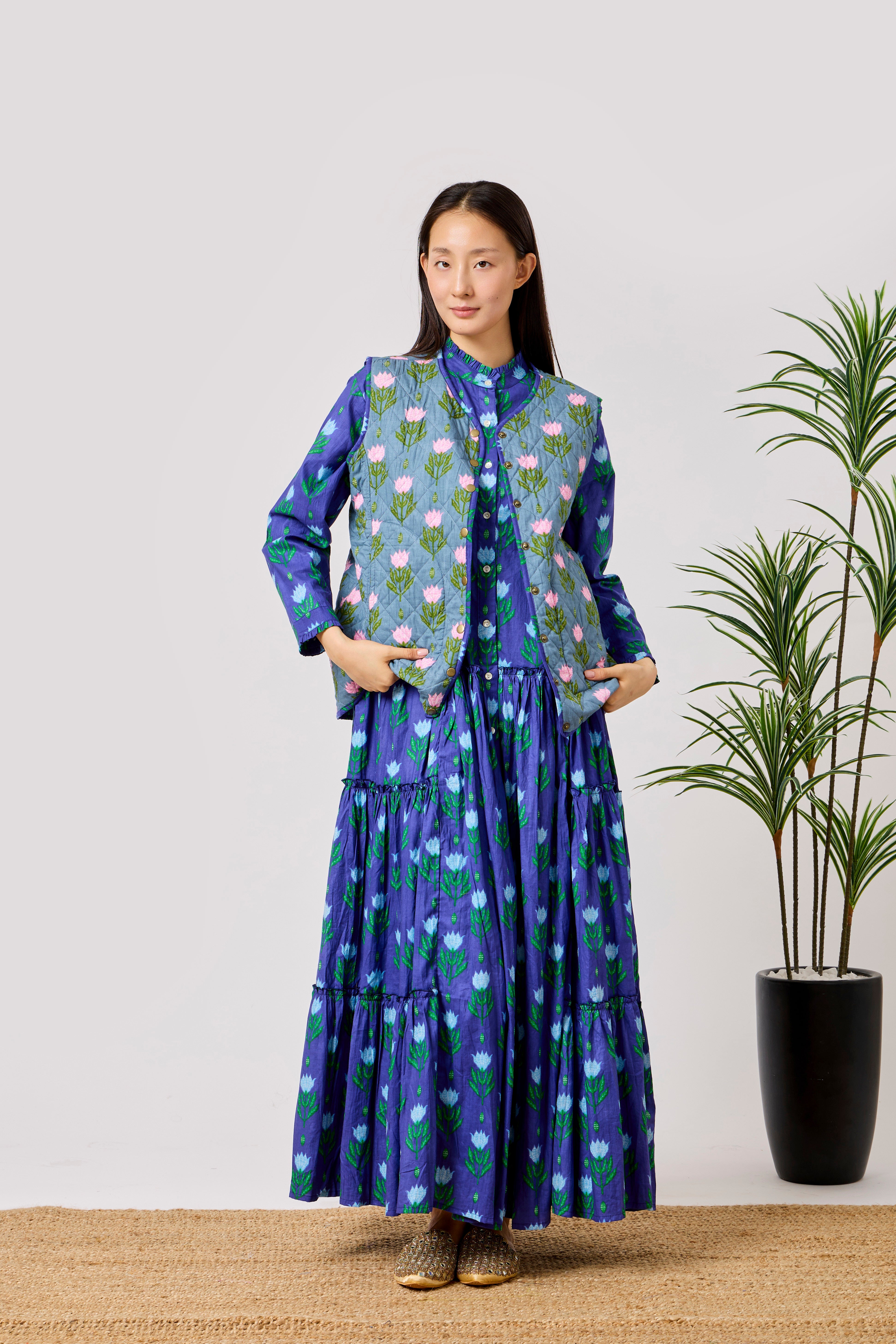 Blue Cotton Summer Flared Maxi Dress with Floral Block Print & Reversible Quilted Cotton Vest | Azraq