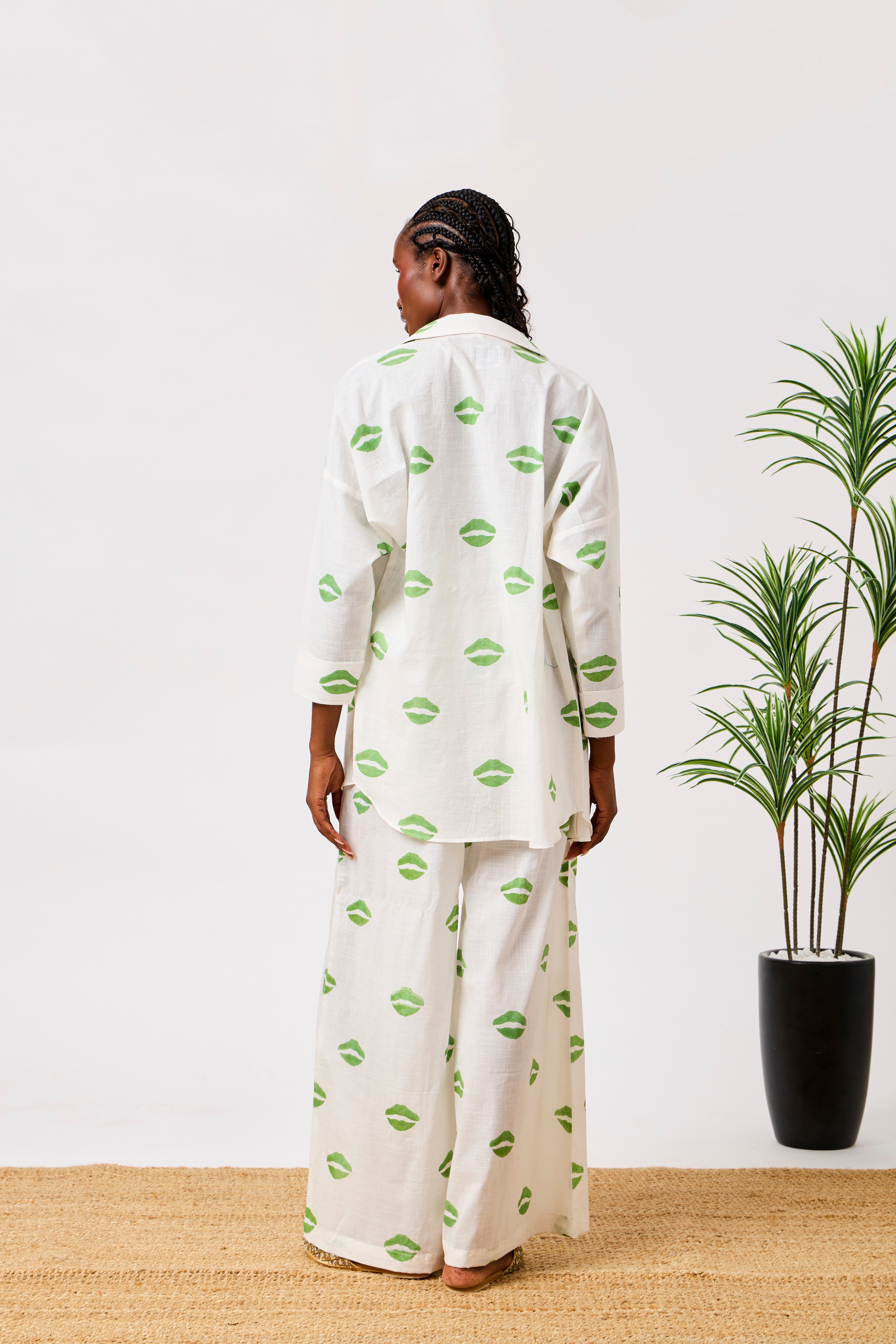 White & Green Cotton Kiss Printed Relaxed Shirt & Wide Leg Co-Ord Set | Liyana