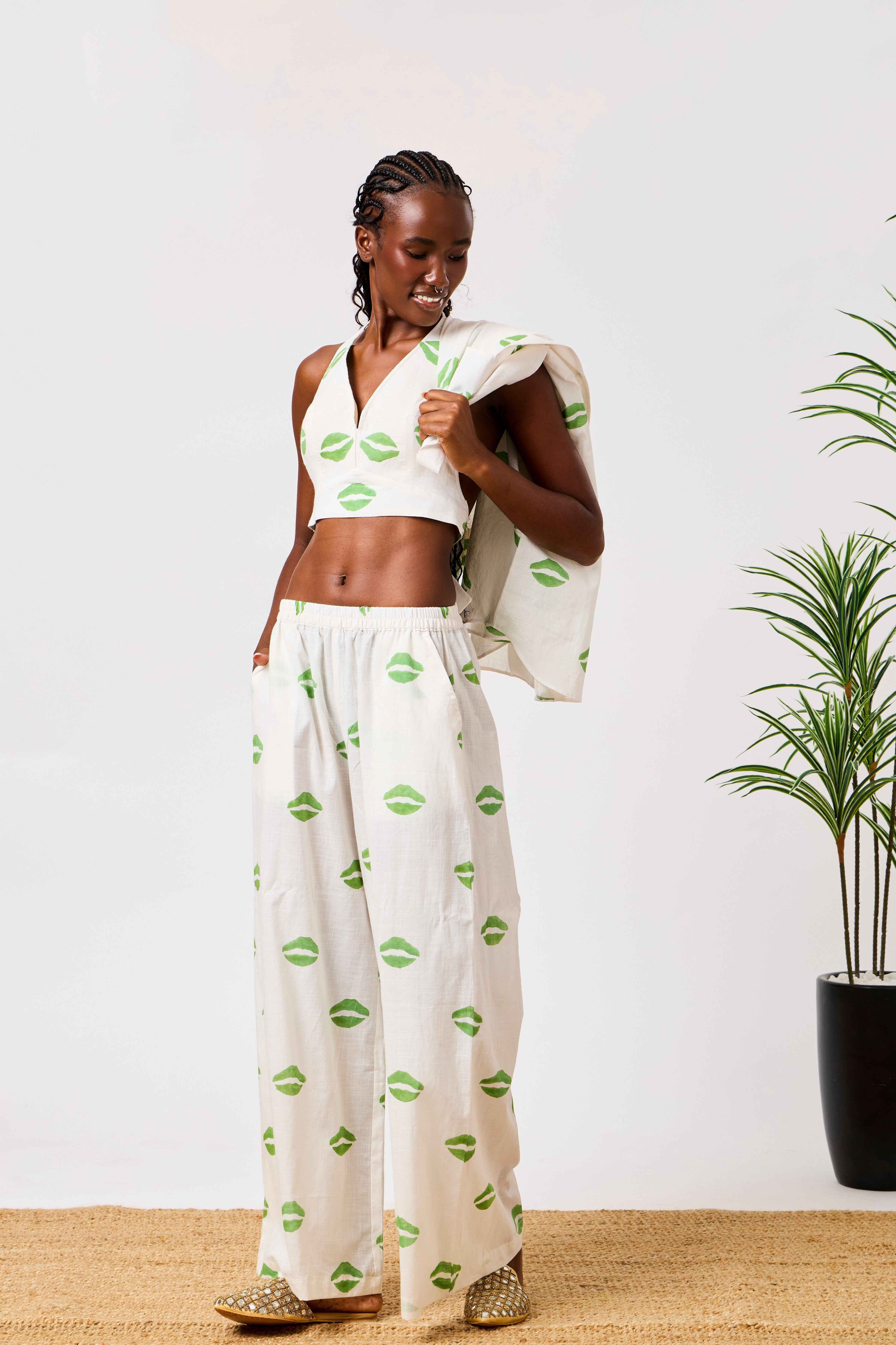 White & Green Cotton Kiss Printed Relaxed Shirt & Wide Leg Co-Ord Set | Liyana