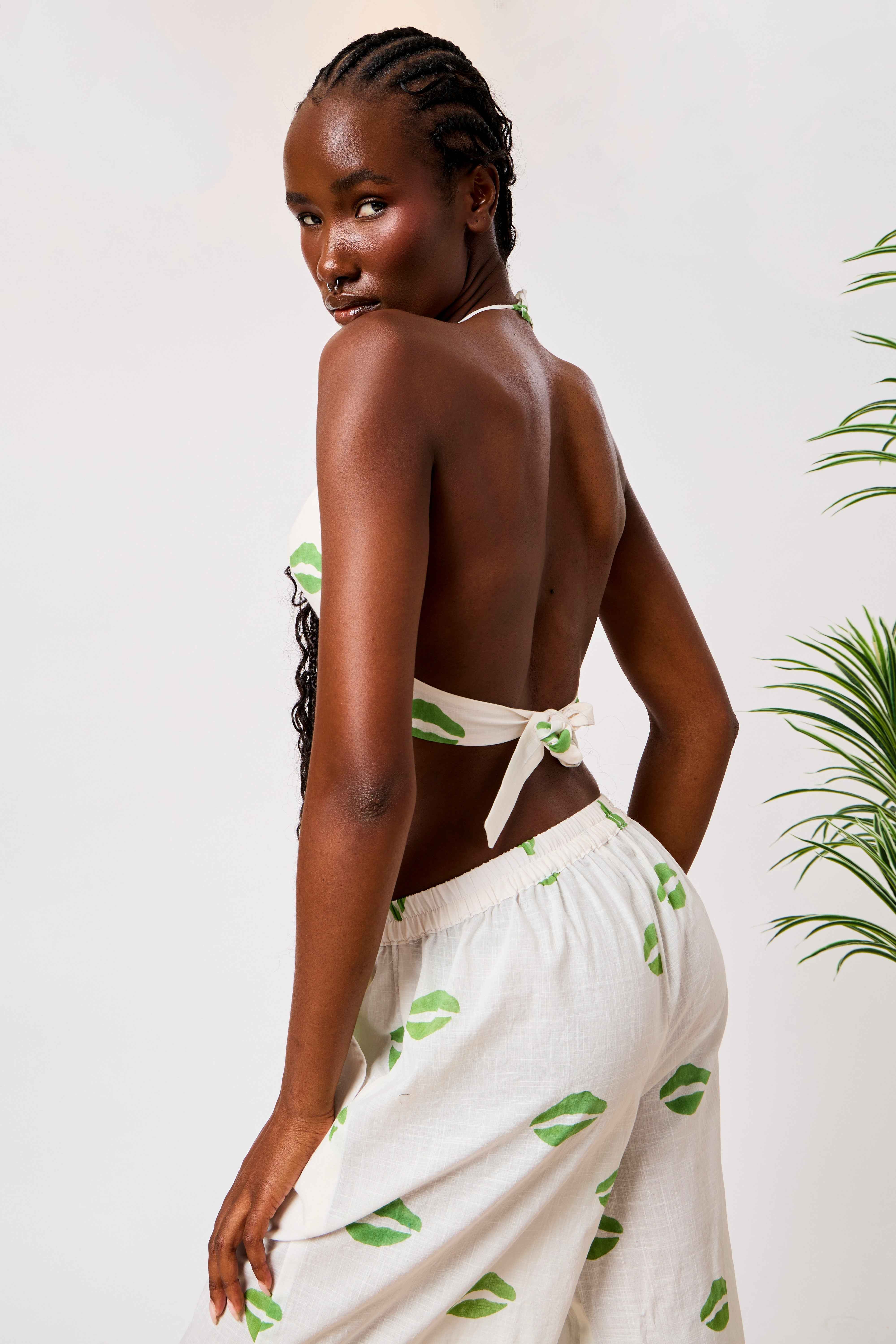 White & Green Cotton Kiss Printed Relaxed Shirt & Wide Leg Co-Ord Set | Liyana