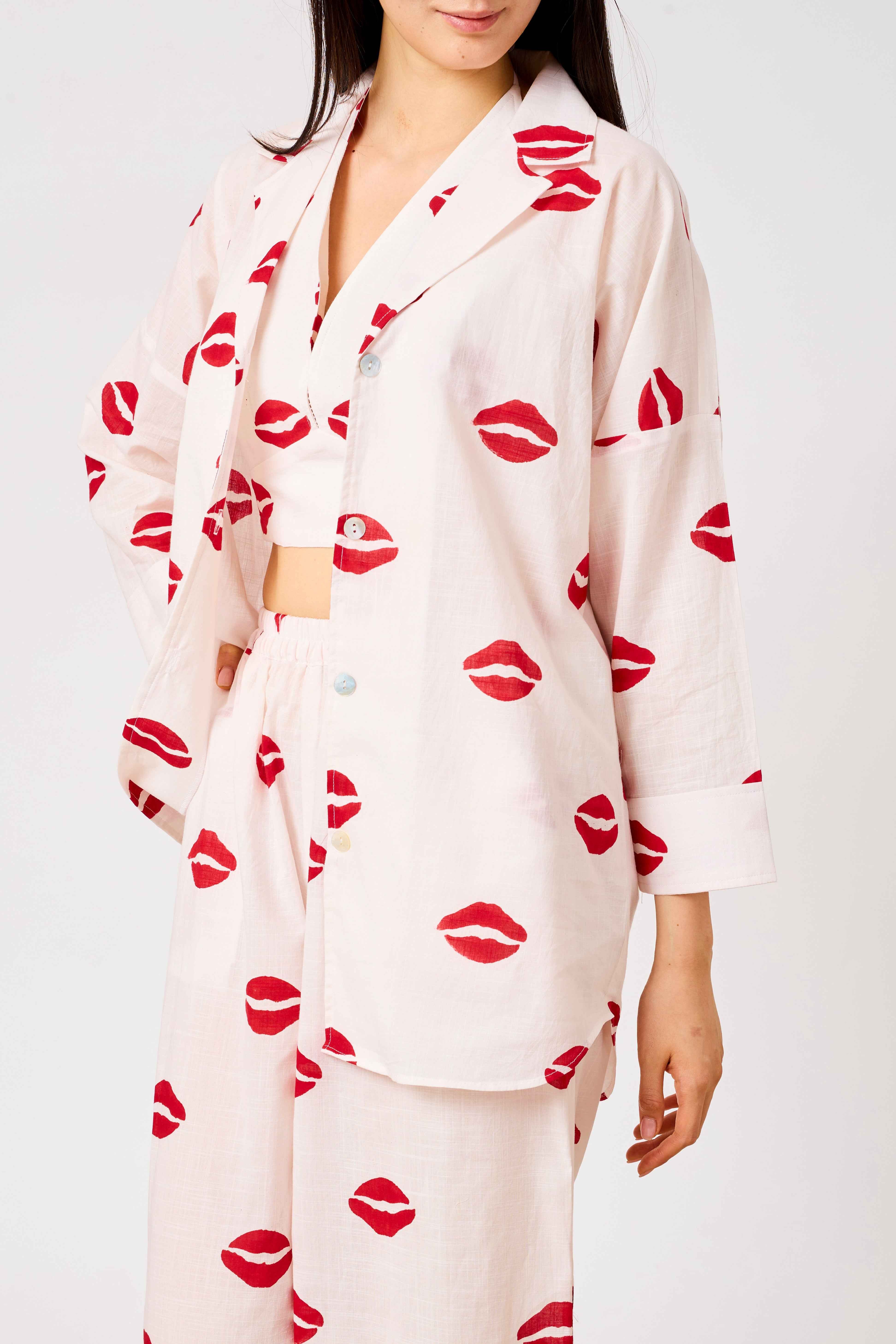 White & Red Cotton Printed Relaxed Shirt & Wide Leg Co-Ord Set | Nawal