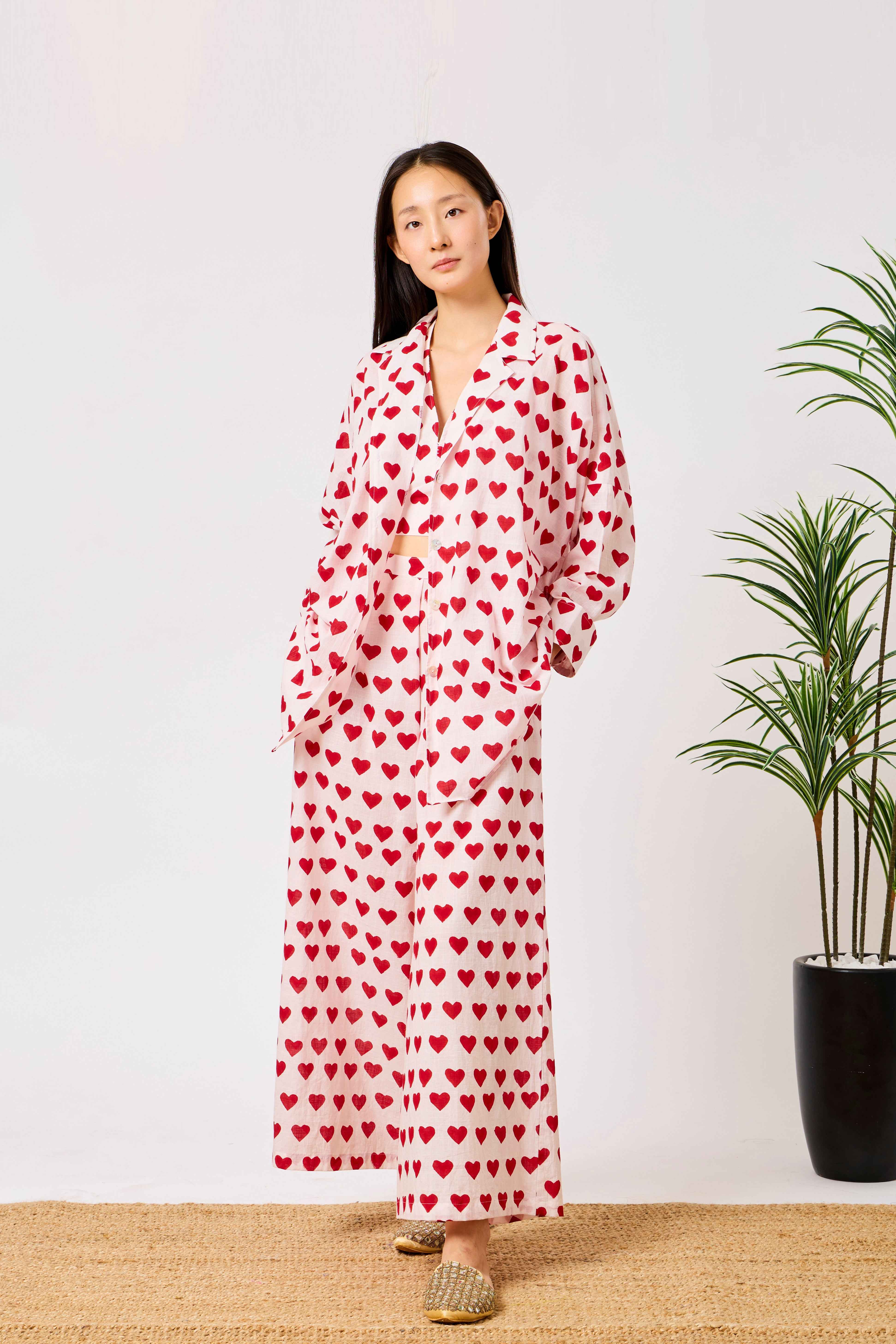 Red & White Cotton Heart Print Relaxed Shirt & Wide Leg Co-Ord Set | Wardah