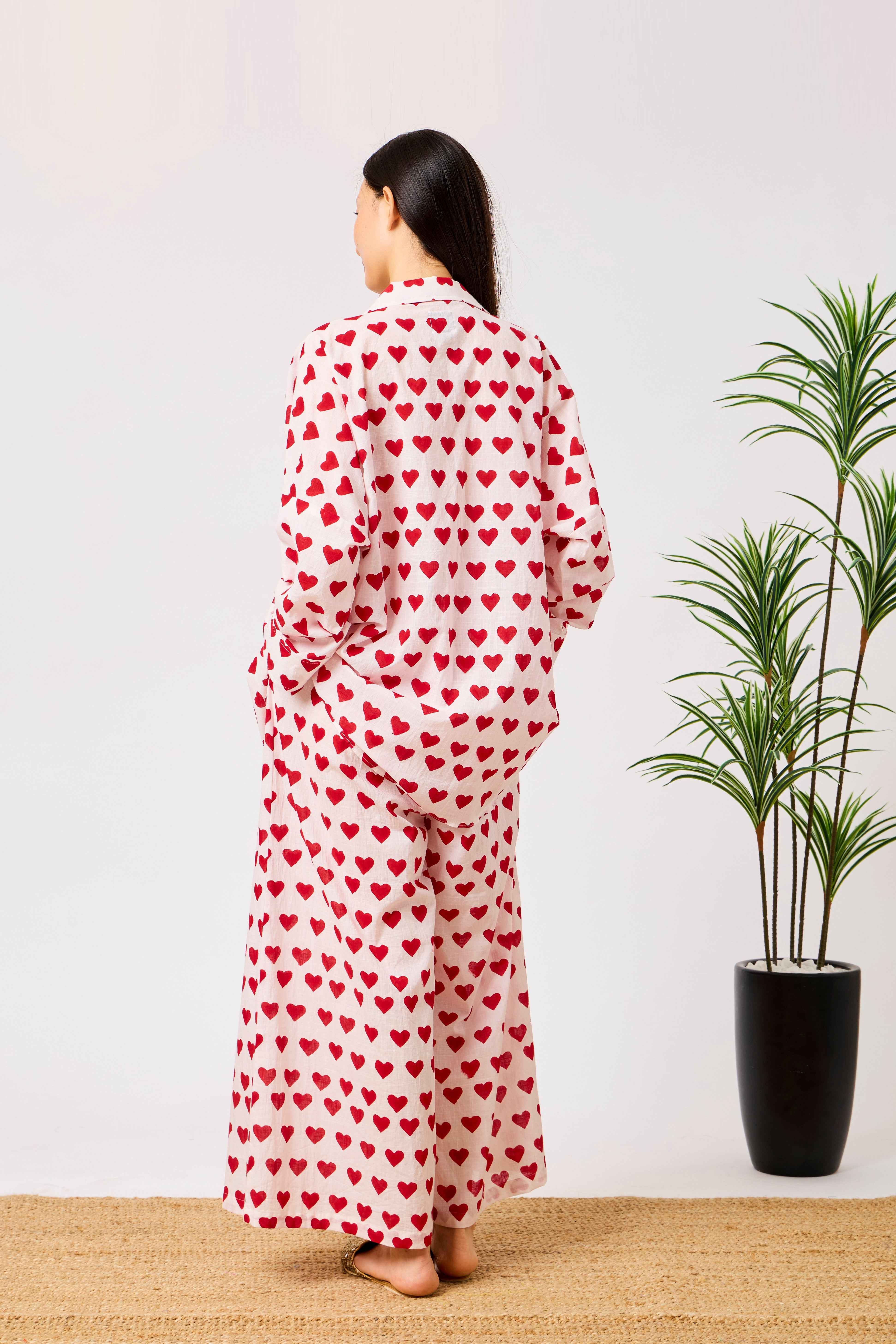 Red & White Cotton Heart Print Relaxed Shirt & Wide Leg Co-Ord Set | Wardah