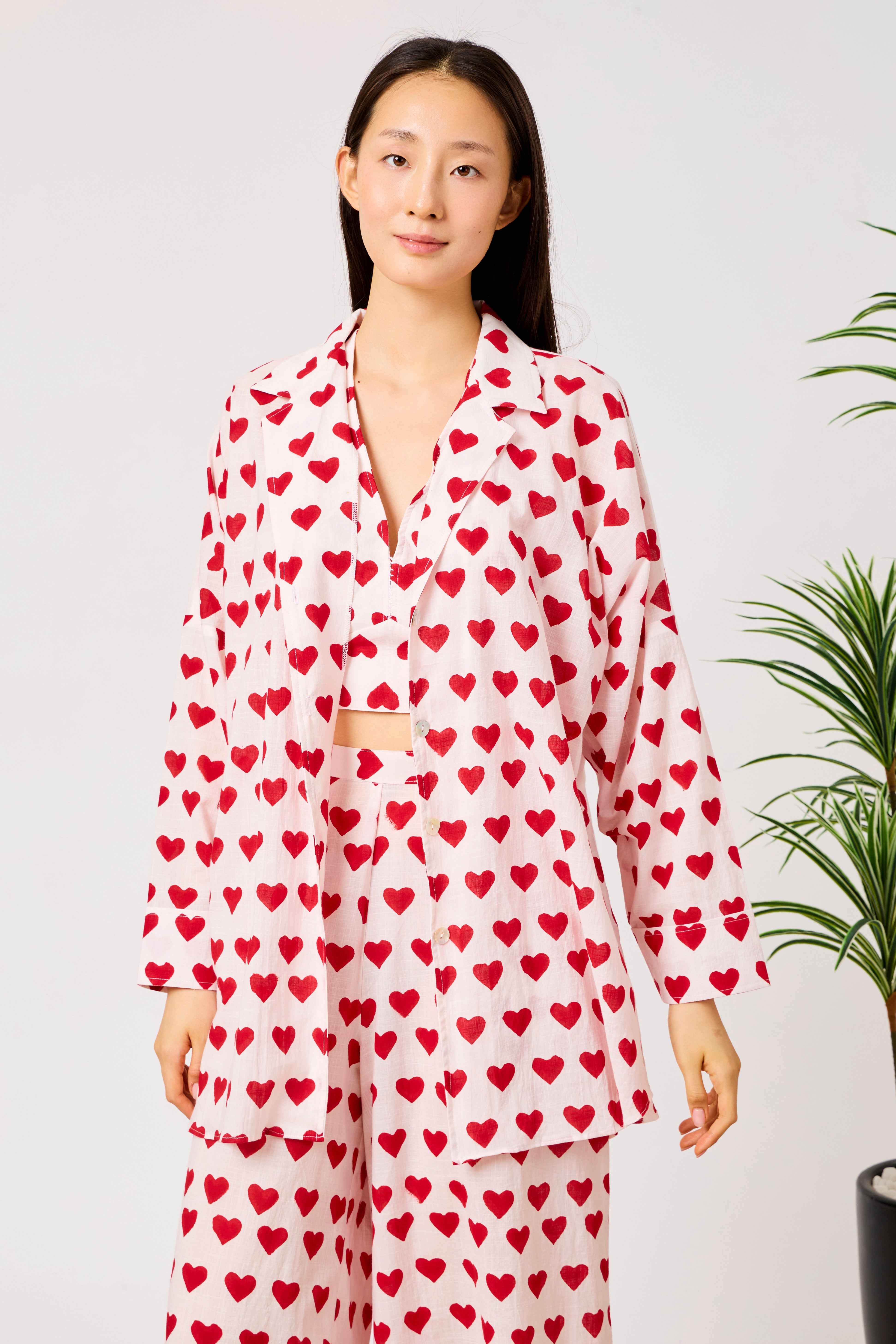 Red & White Cotton Heart Print Relaxed Shirt & Wide Leg Co-Ord Set | Wardah