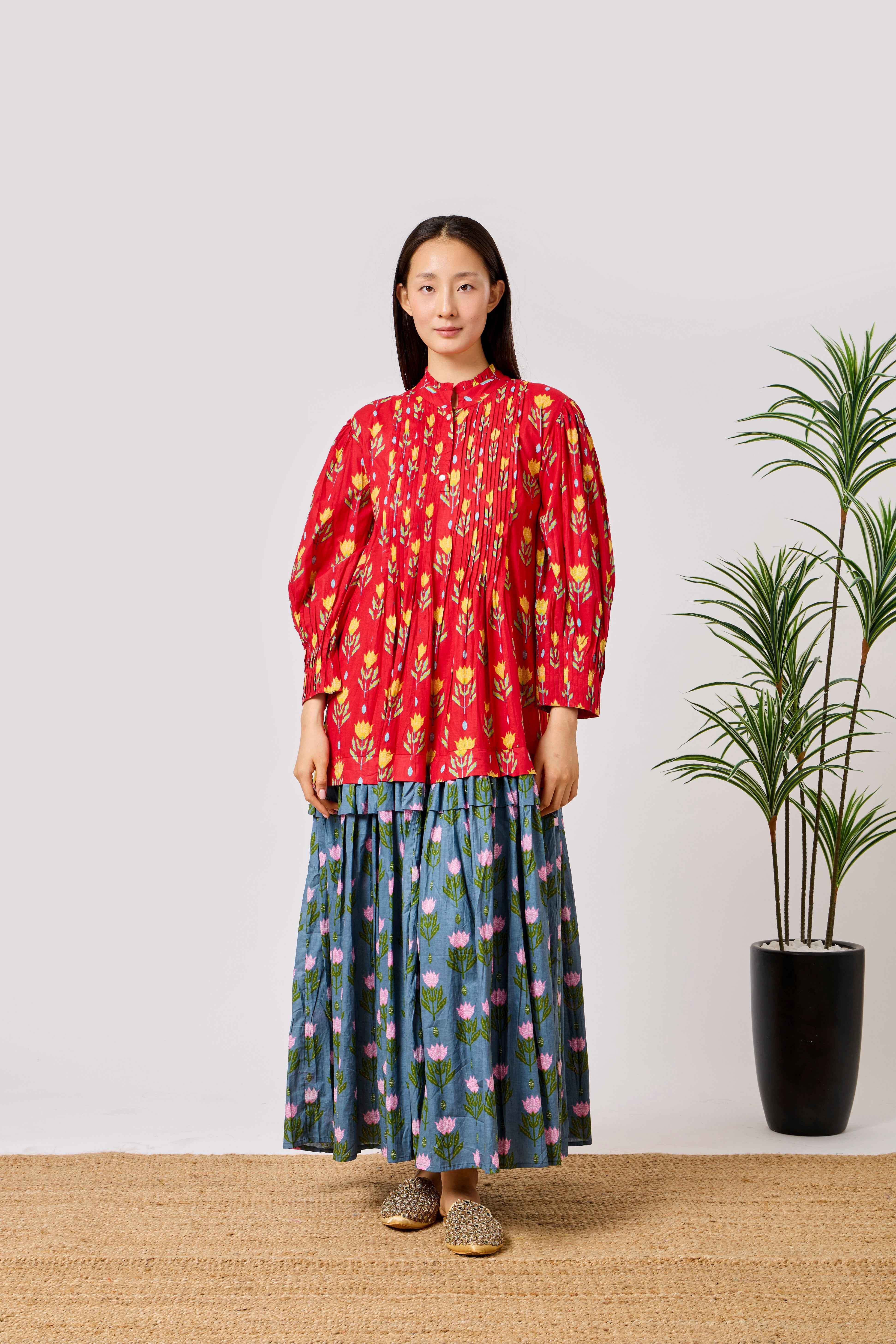 Red Cotton Flared Maxi Dress with Floral Block Print, Pintuck Bodice & Tiered Skirt | Warda