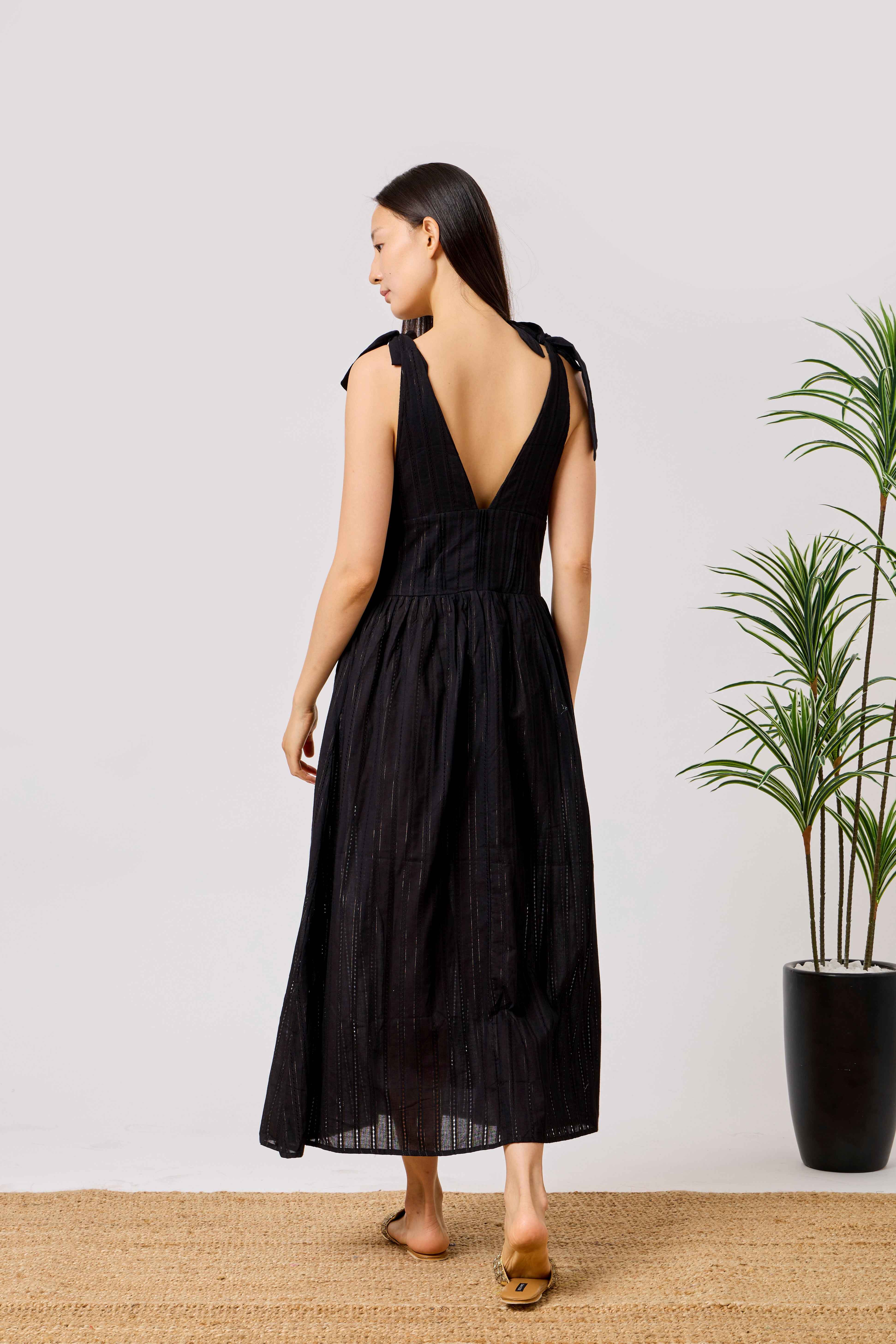 Black Cotton Summer Liberty Midi Dress with Tie Shoulder Straps, Open Back & Flared Skirt | Layl