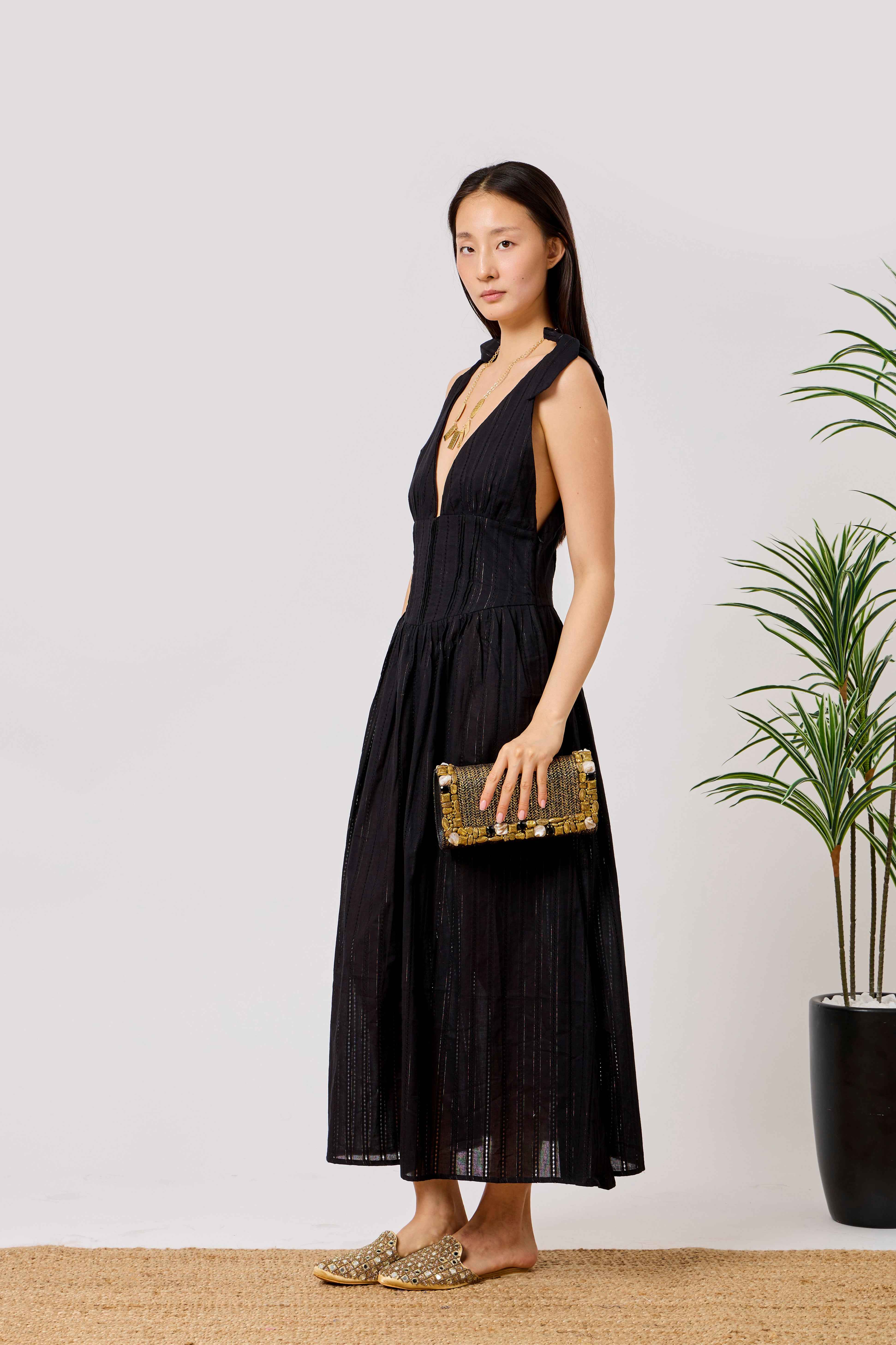 Black Cotton Summer Liberty Midi Dress with Tie Shoulder Straps, Open Back & Flared Skirt | Layl