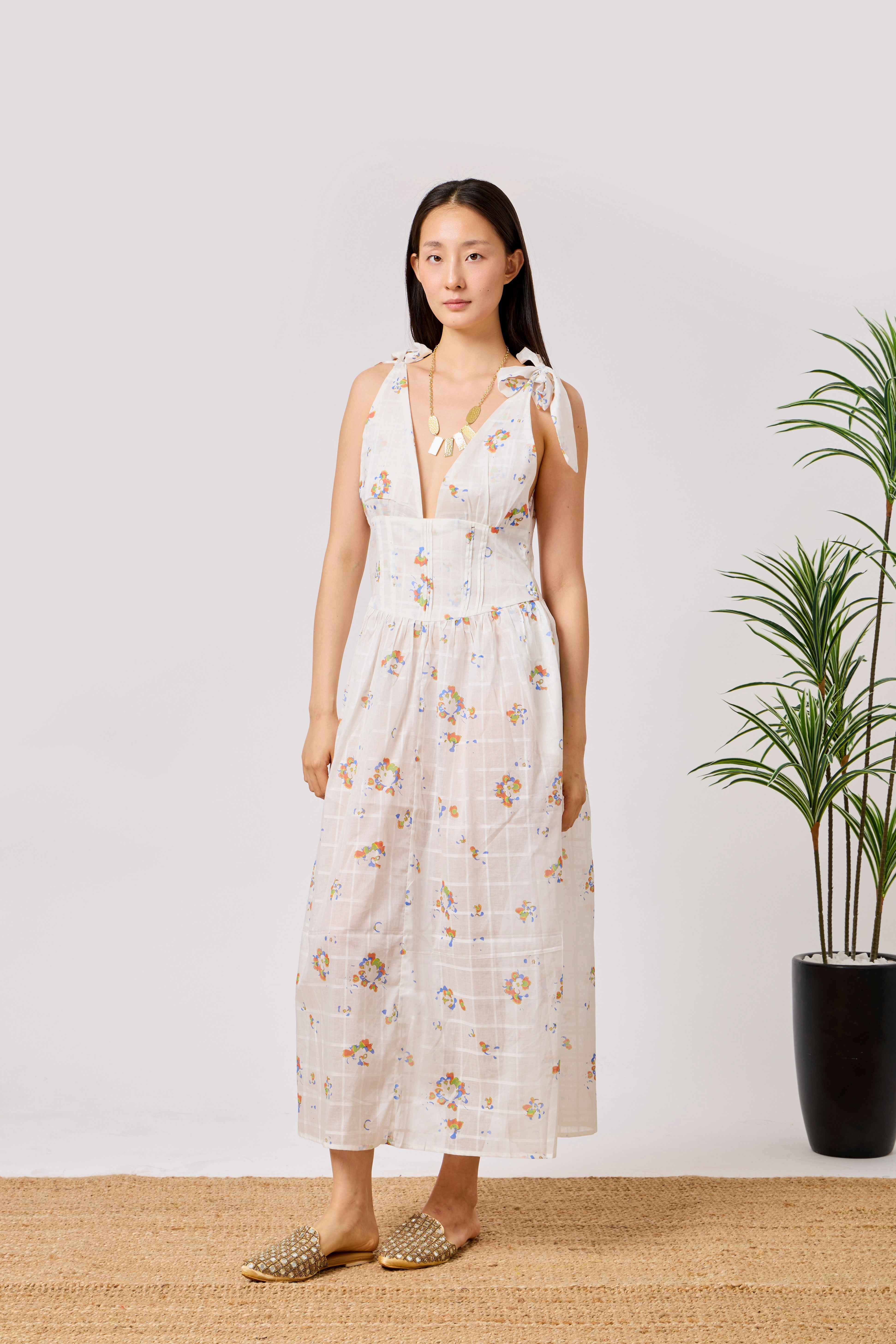 Cotton Summer Liberty Floral Midi Dress with Tie Shoulder Straps & Deep V Neck | Razan