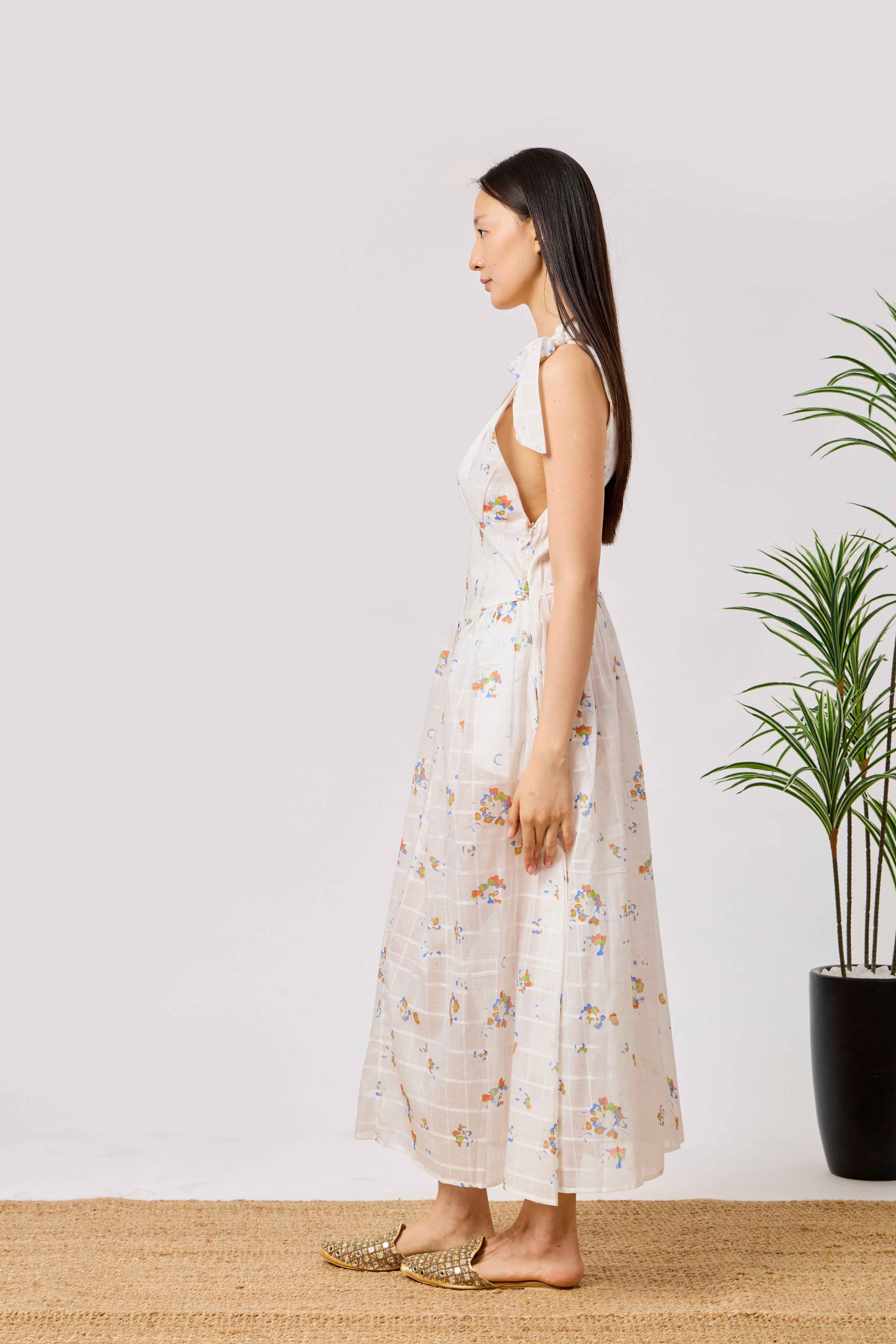 Cotton Summer Liberty Floral Midi Dress with Tie Shoulder Straps & Deep V Neck | Razan