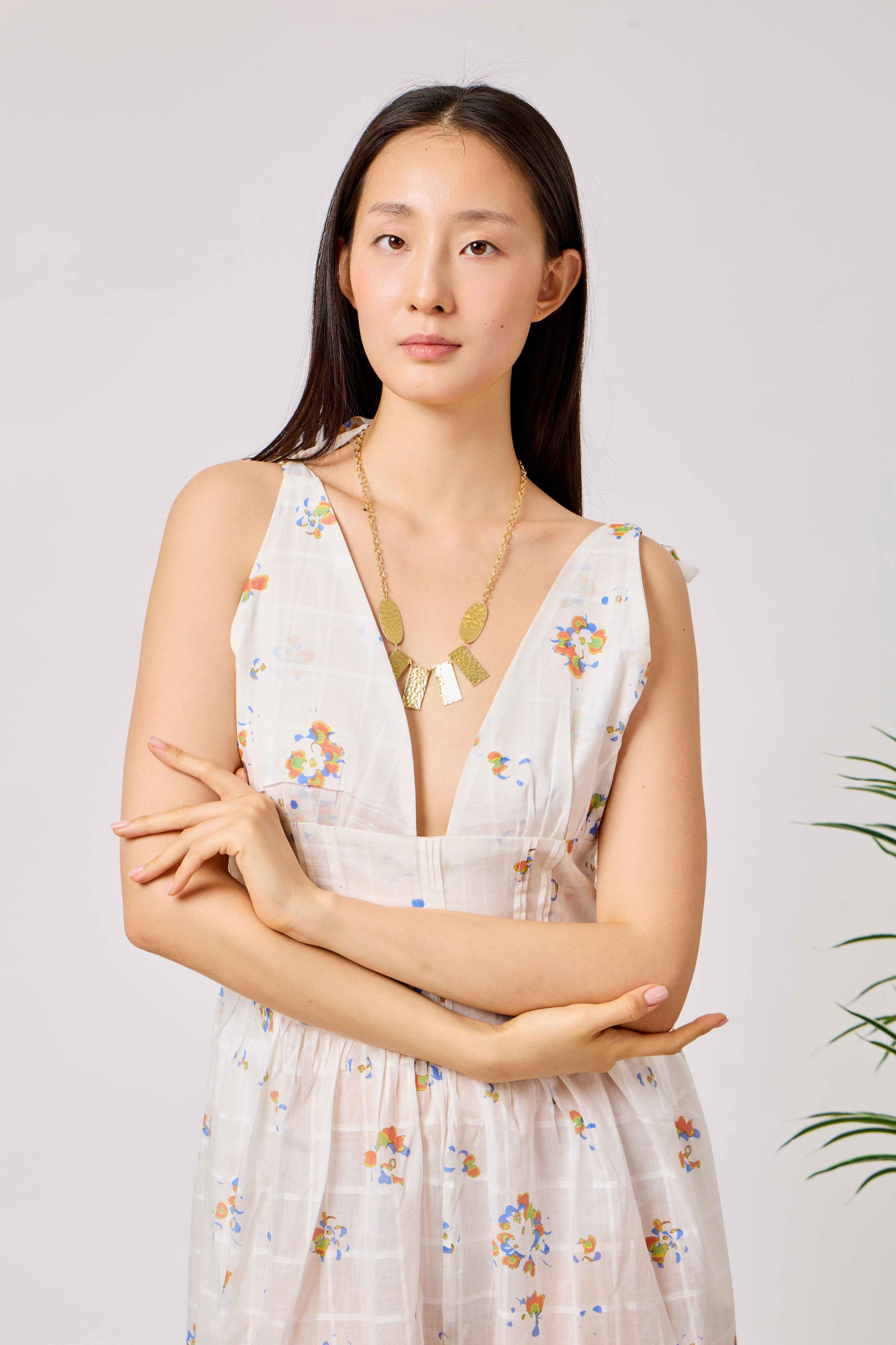 Cotton Summer Liberty Floral Midi Dress with Tie Shoulder Straps & Deep V Neck | Razan