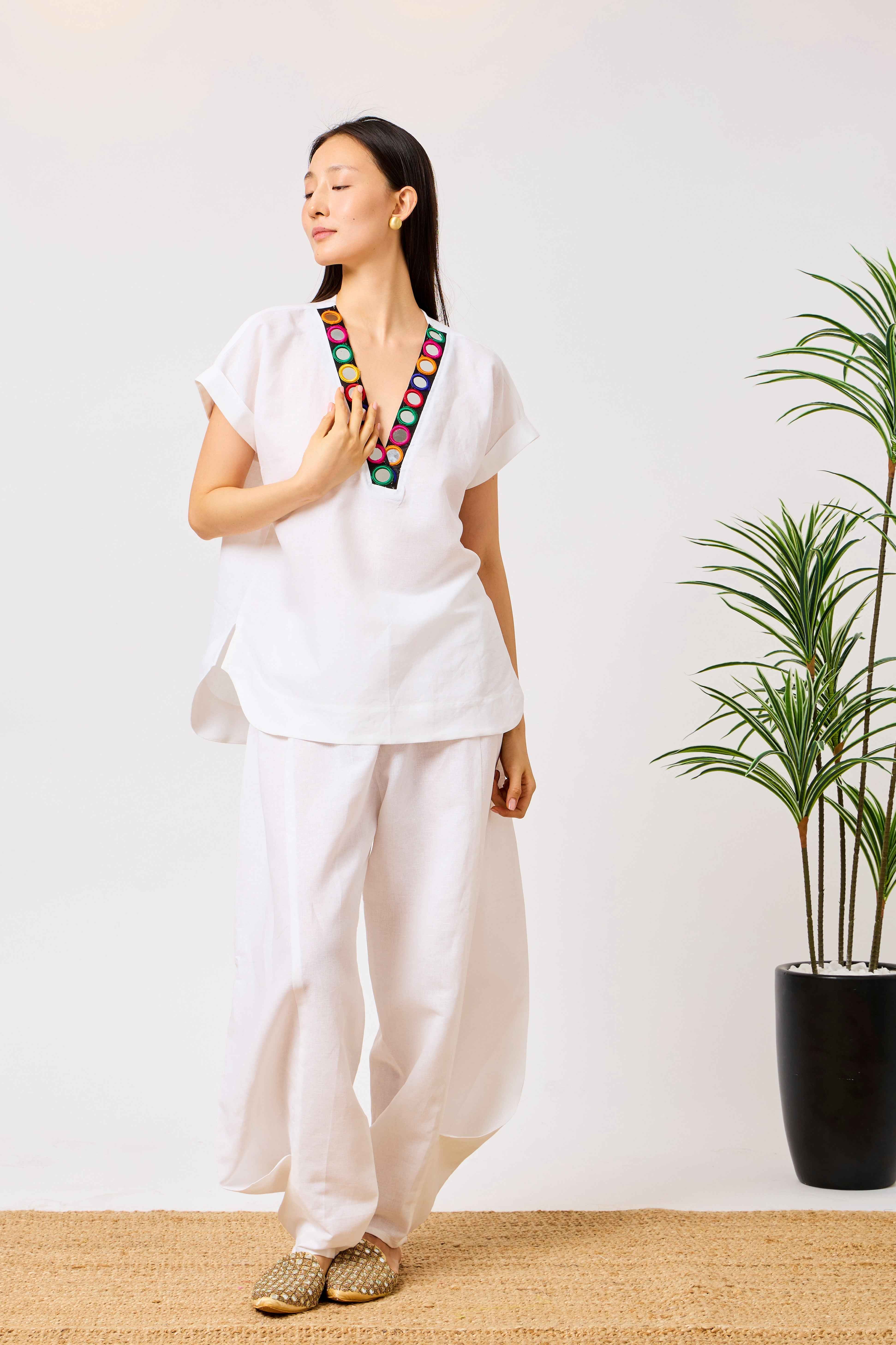 White Pure Linen Embellished V-Neck Co-Ord Set | Samira