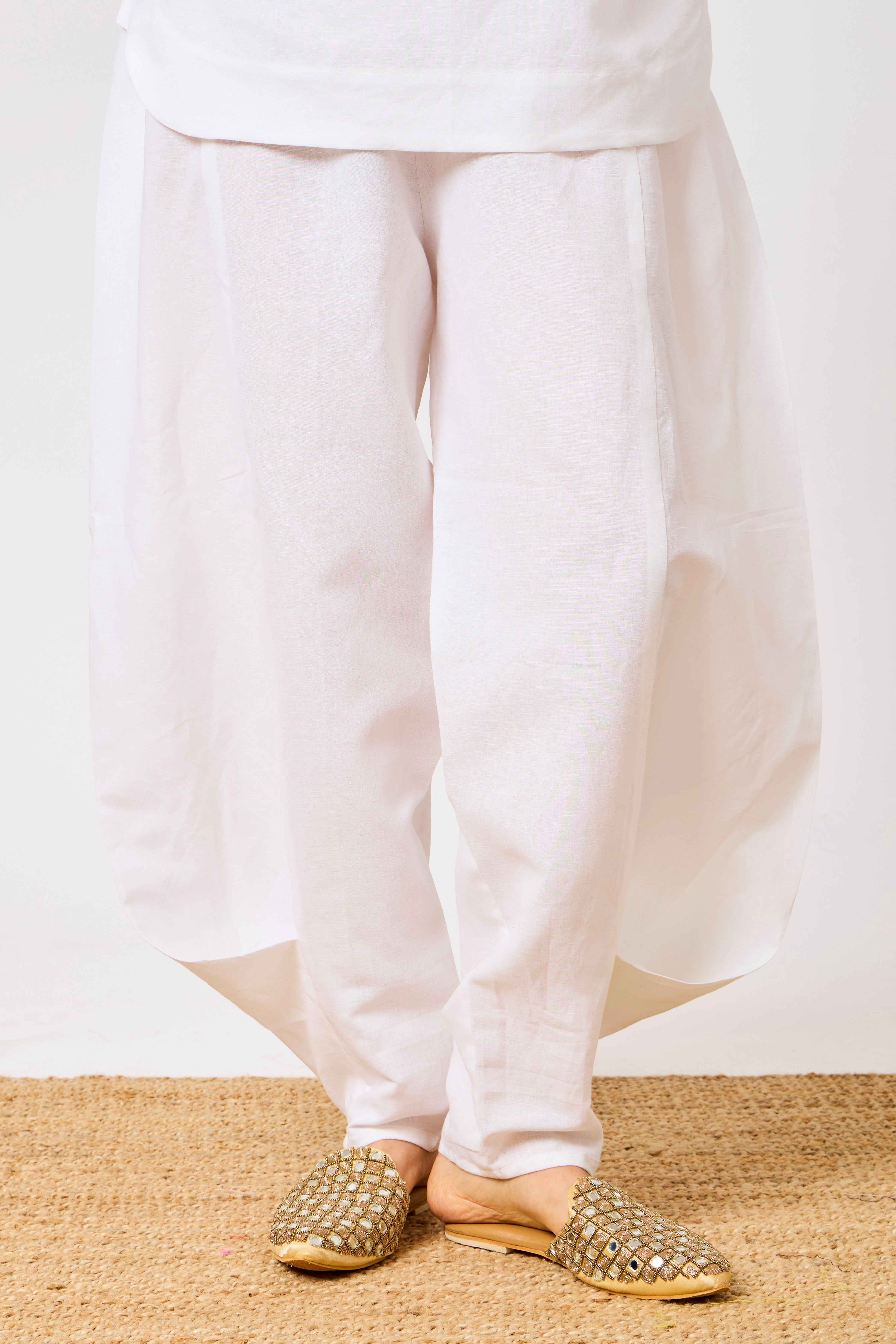 White Pure Linen Embellished V-Neck Co-Ord Set | Samira