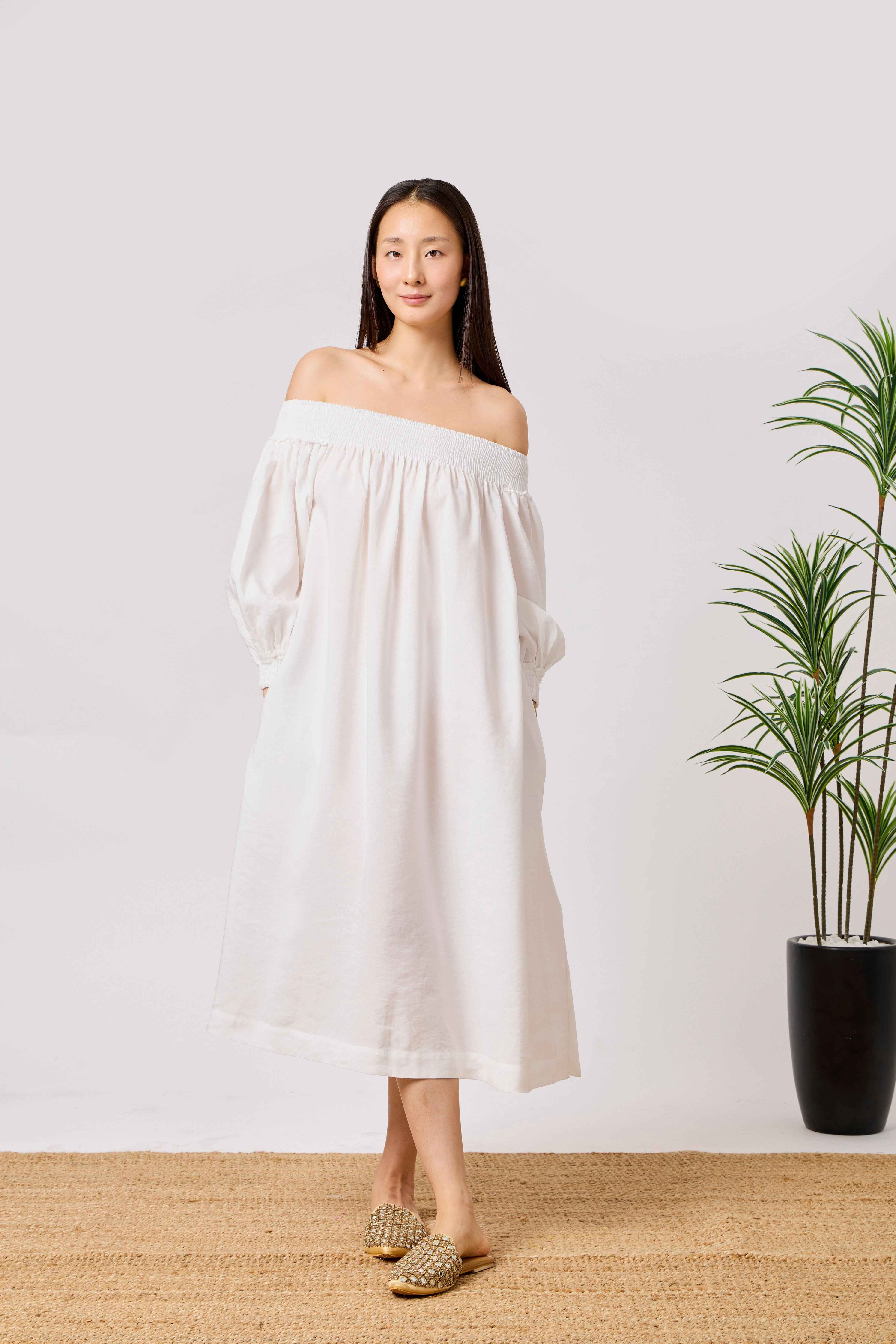 White Pure Cotton Off-Shoulder Smocked Midi Dress with Puff Sleeves | Lazine