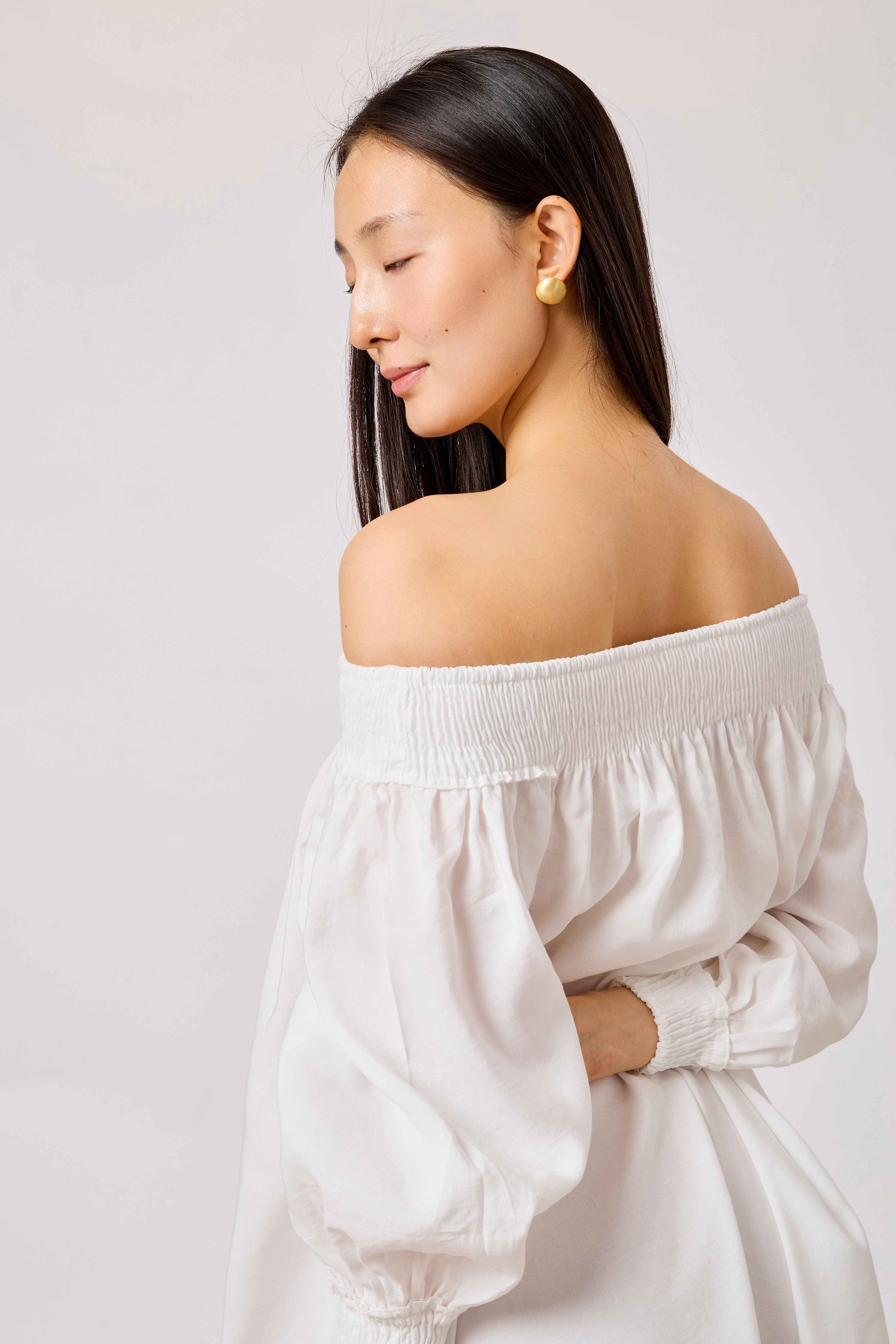 White Pure Cotton Off-Shoulder Smocked Midi Dress with Puff Sleeves | Lazine