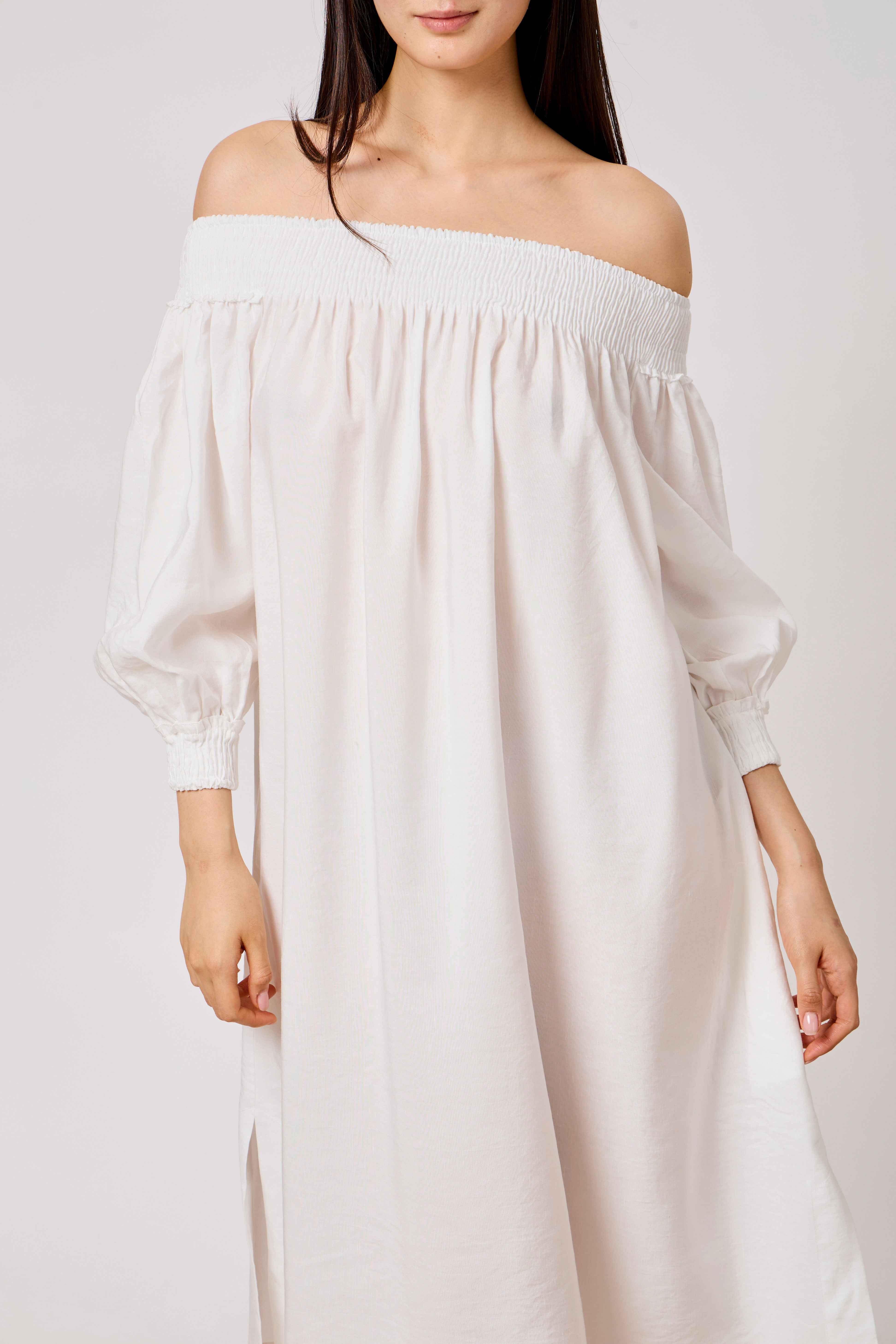 White Pure Cotton Off-Shoulder Smocked Midi Dress with Puff Sleeves | Lazine