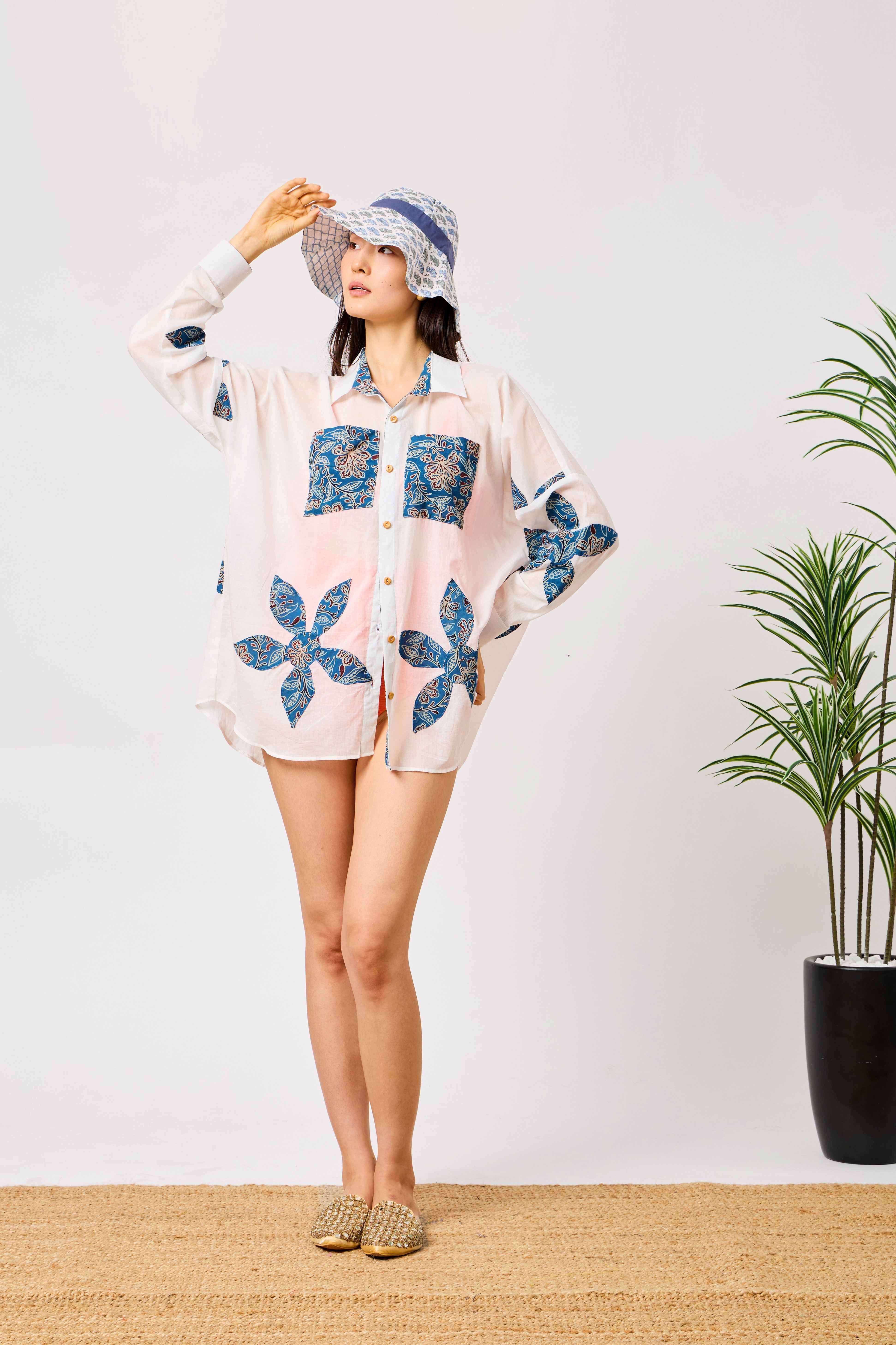 White Cotton Blue Floral Patchwork Oversized Beach Cover-Up Shirt | Isolde