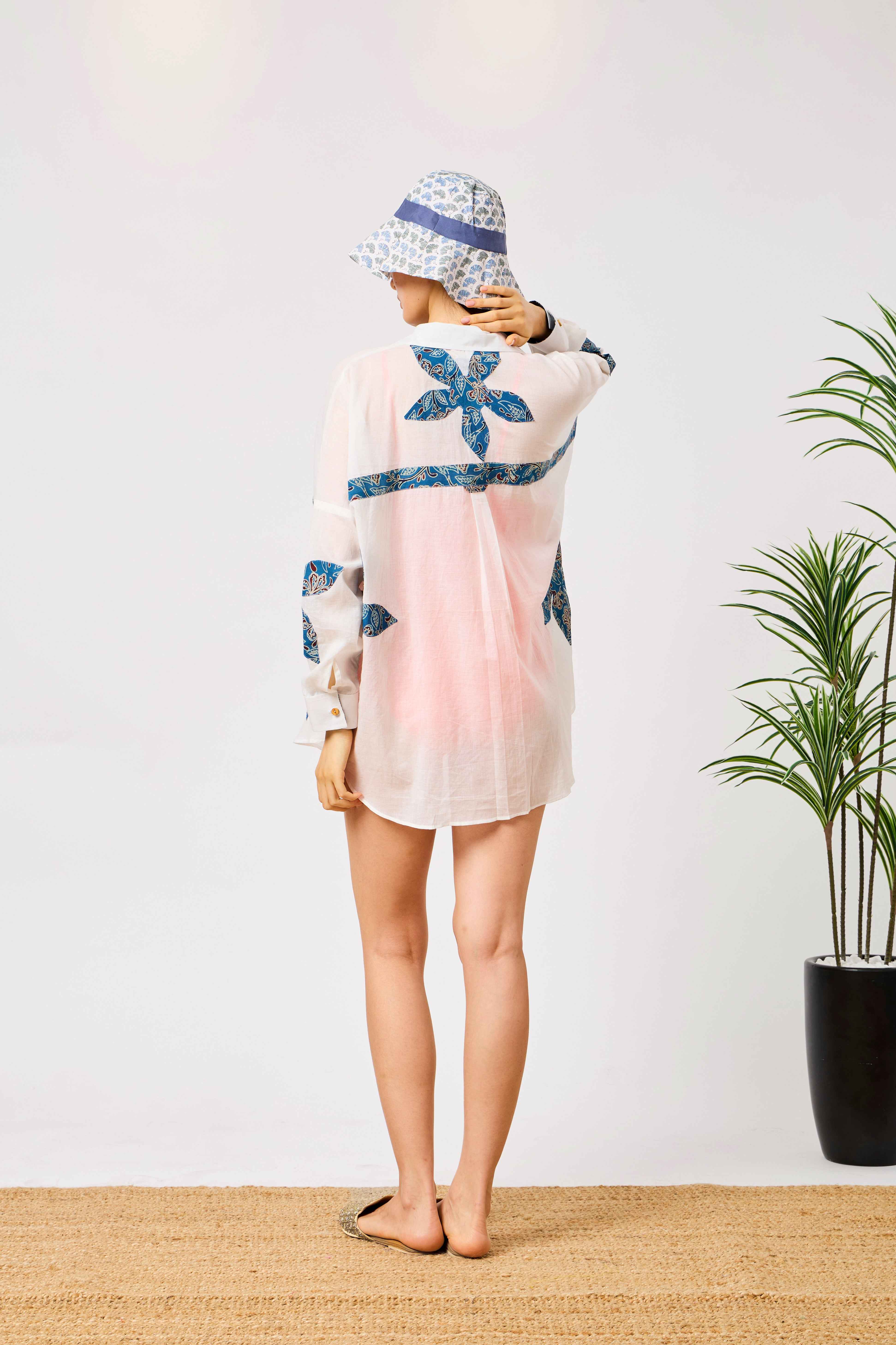 White Cotton Blue Floral Patchwork Oversized Beach Cover-Up Shirt | Isolde