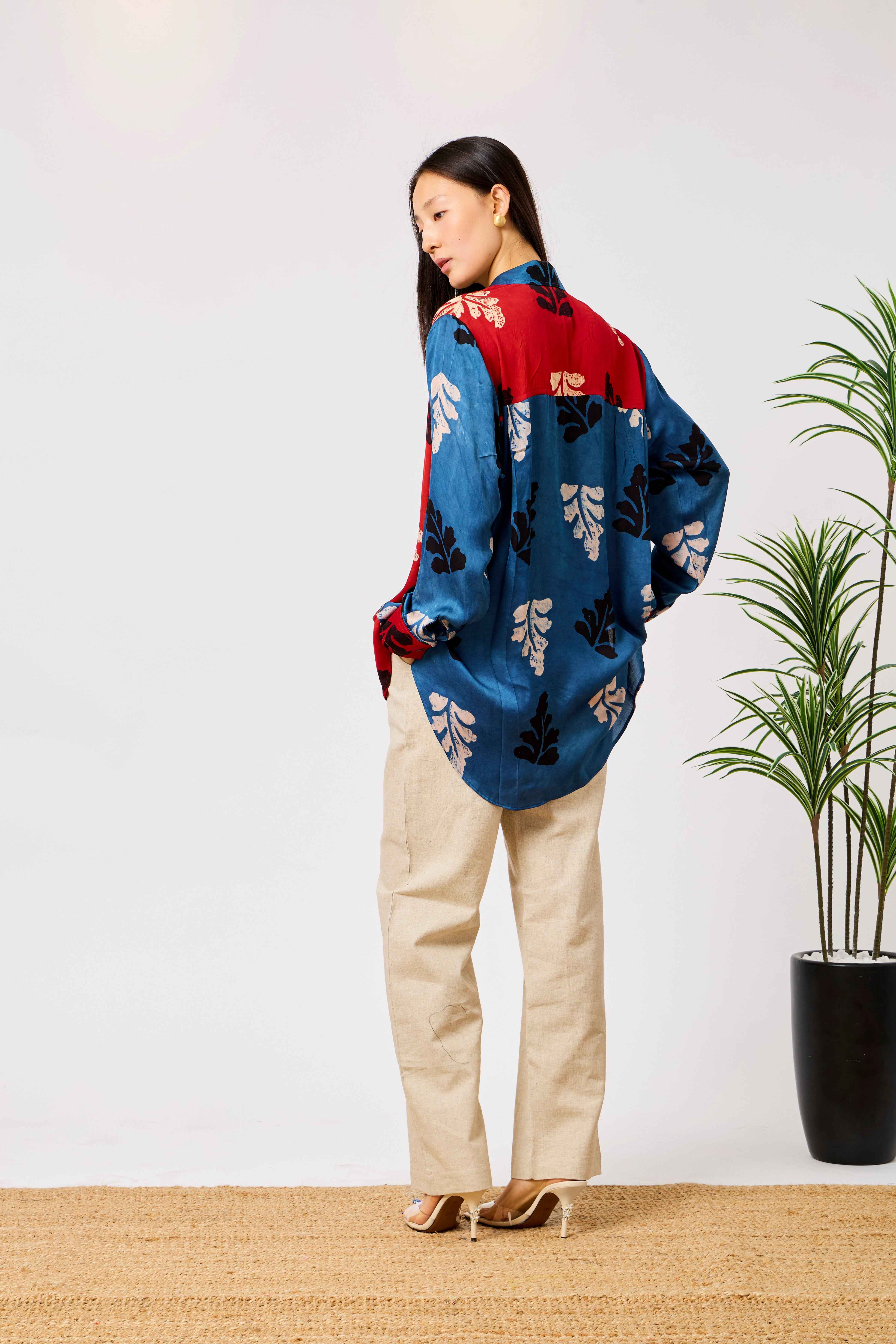 Modal Silk Red & Blue Abstract Print Long Shirt for Women | Farah