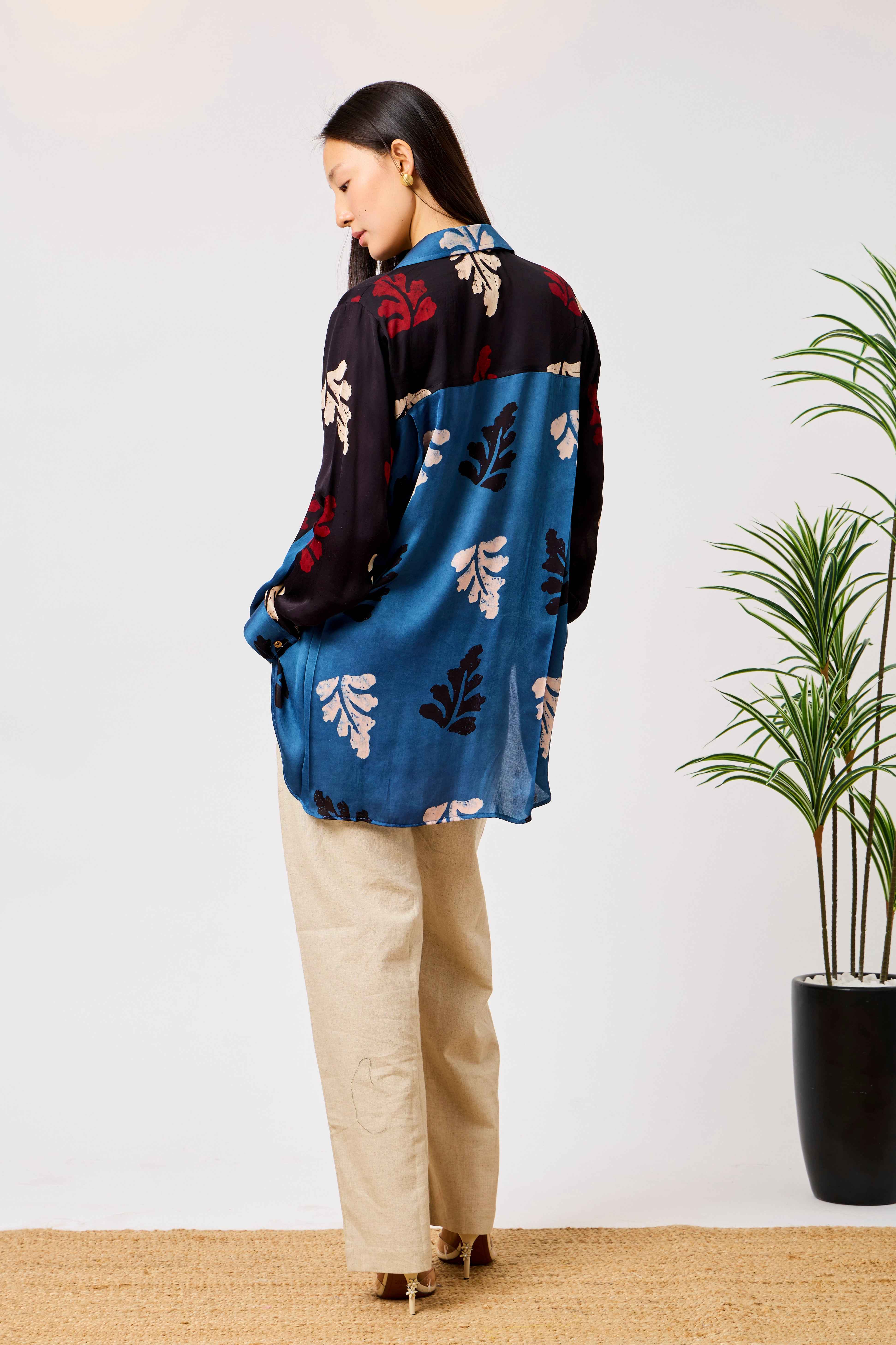 Modal Silk Blue & Black Abstract Print Long Shirt for Women | Inaya