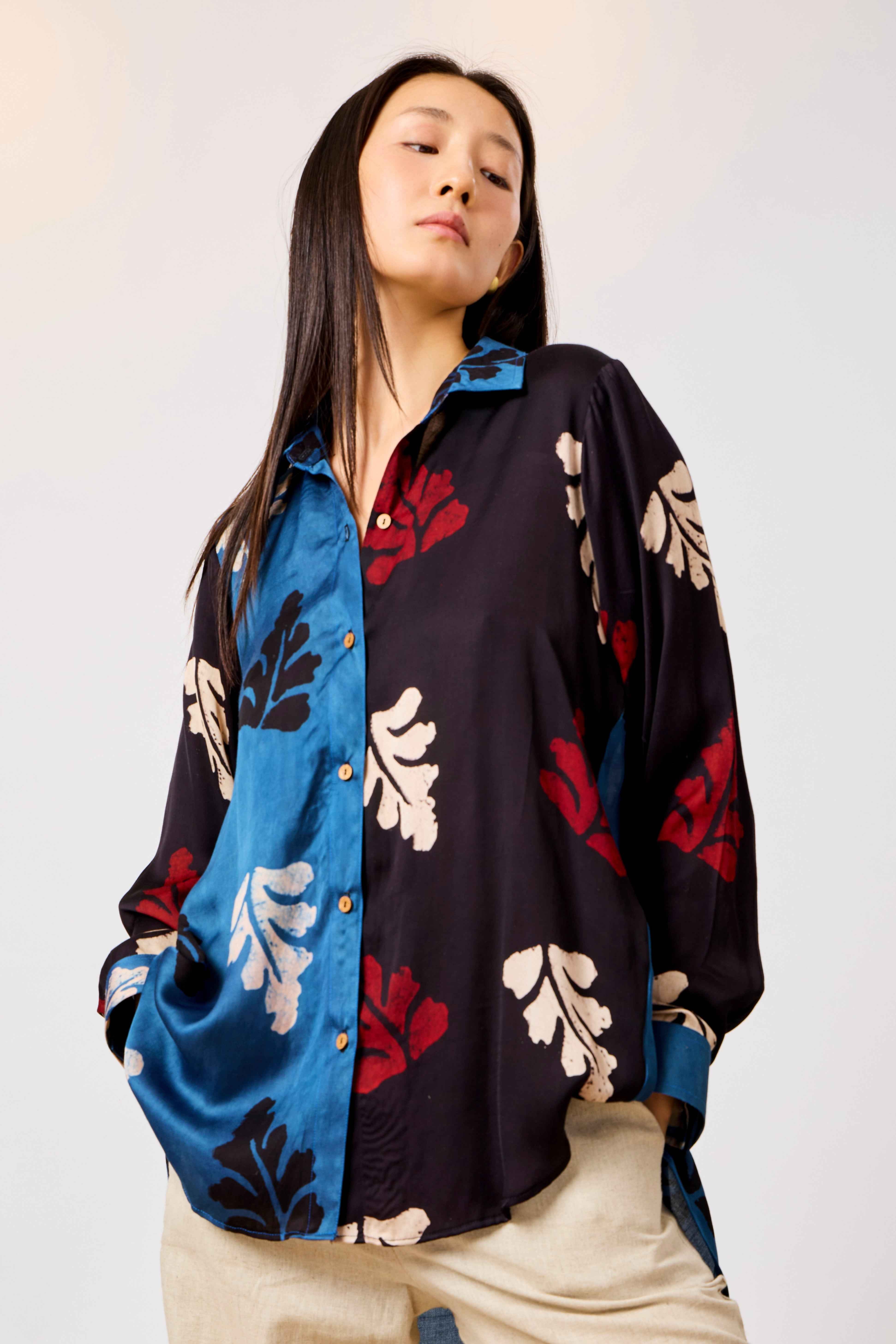 Modal Silk Blue & Black Abstract Print Long Shirt for Women | Inaya