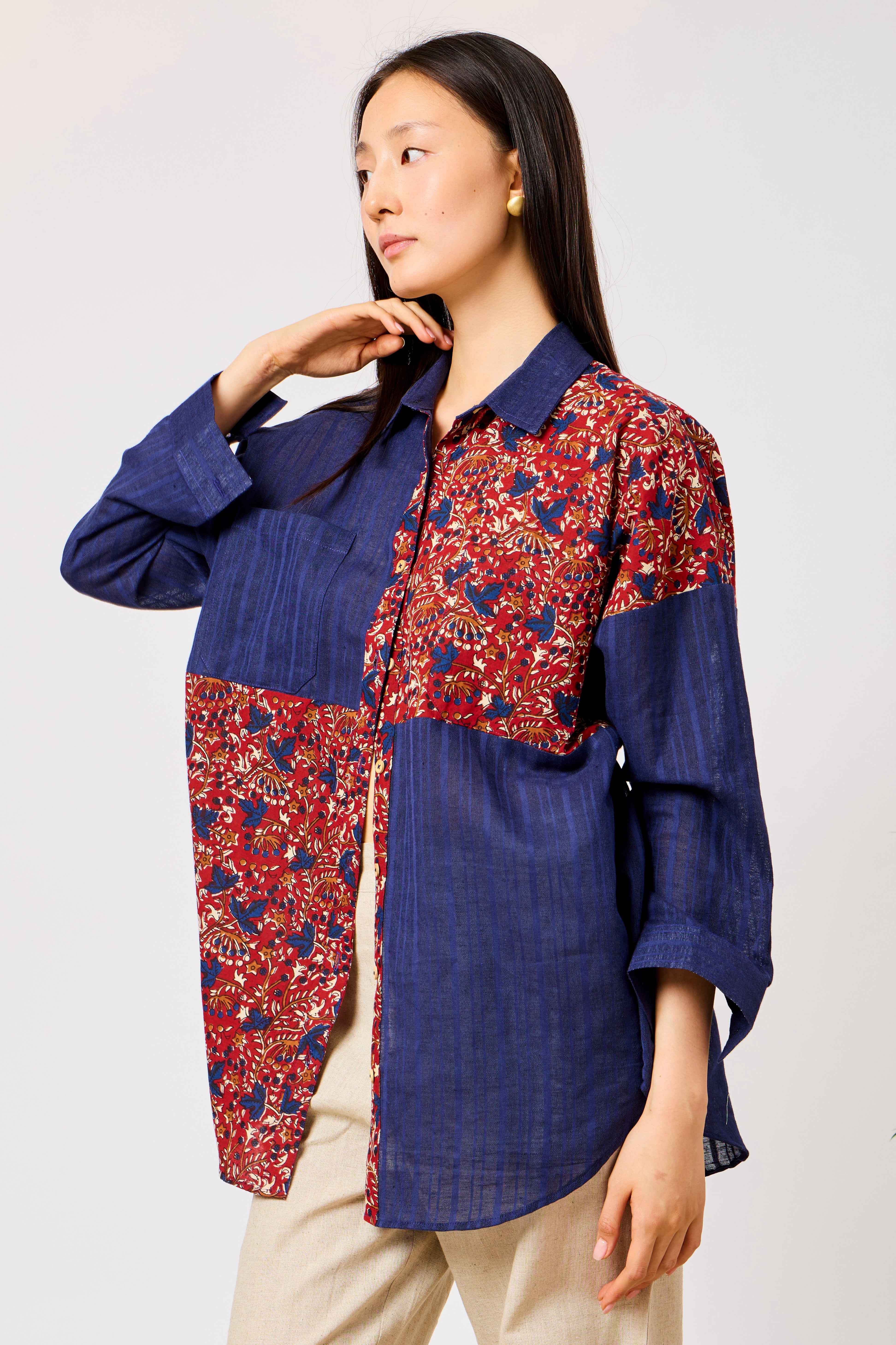 Pure Cotton Patchwork Floral Print Oversized Shirt for Women | Mariam