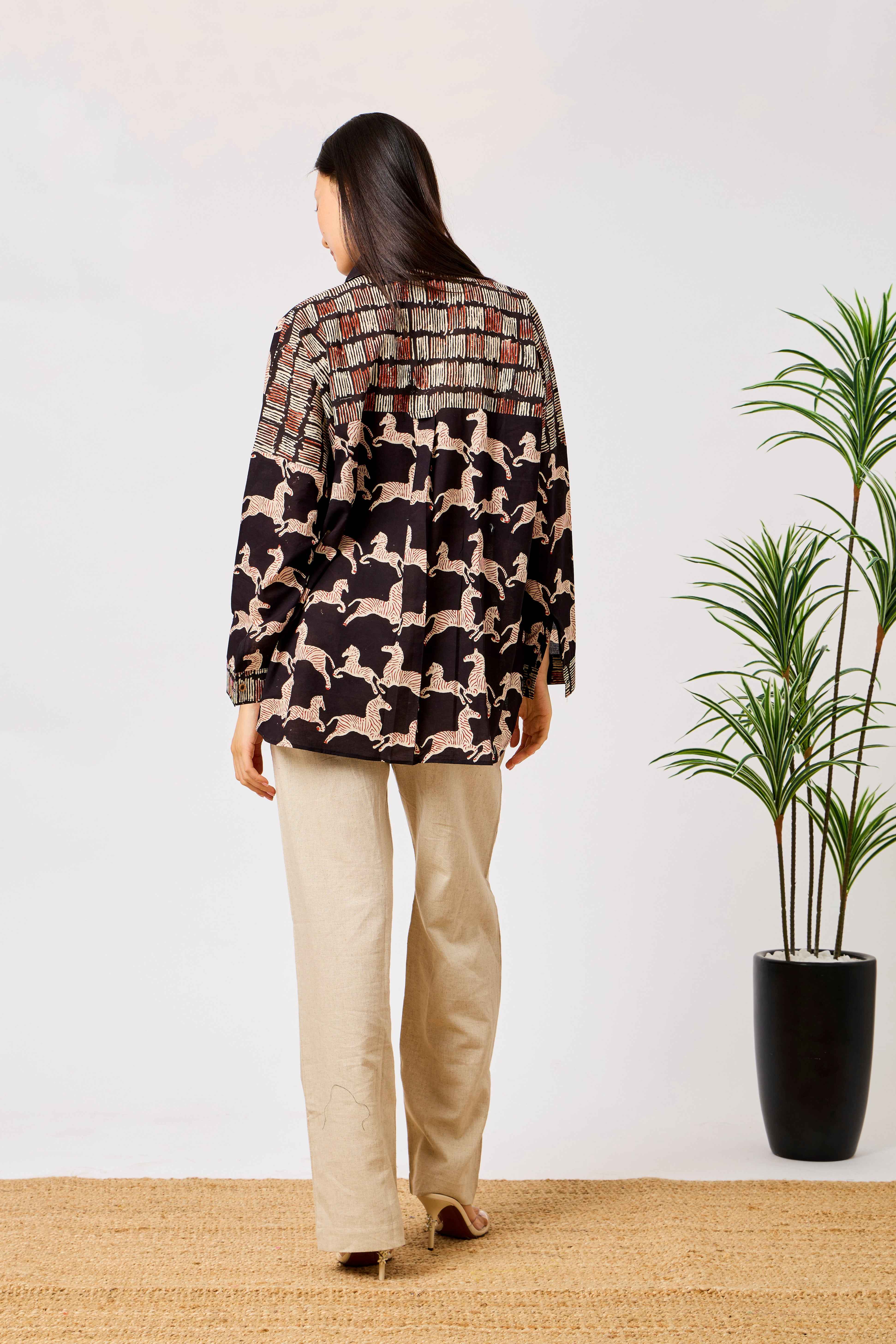 Pure Cotton Horse Print Oversized Shirt for Women | Noura