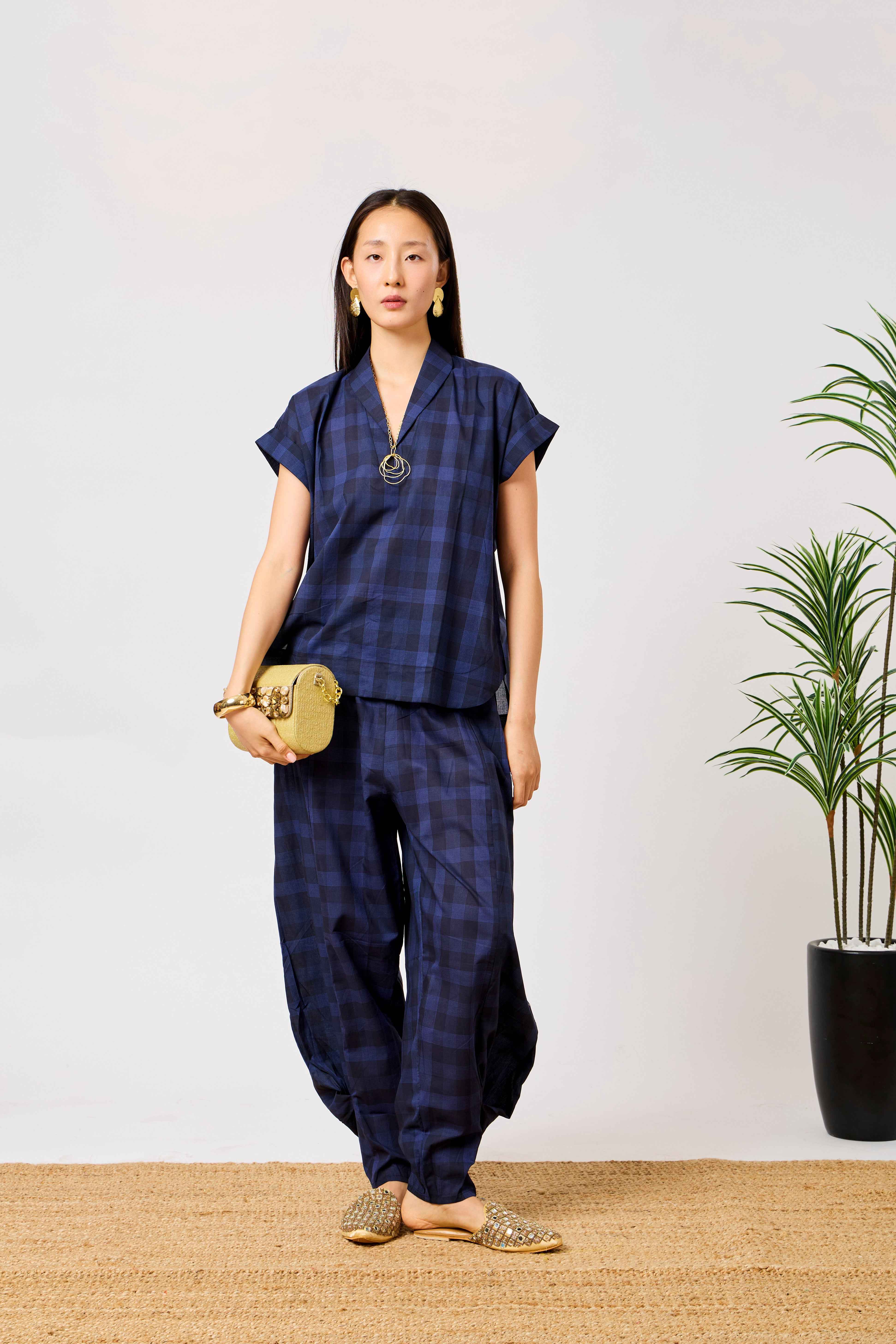 Navy Blue Cotton Checked Relaxed Co-Ord Set | Nayla