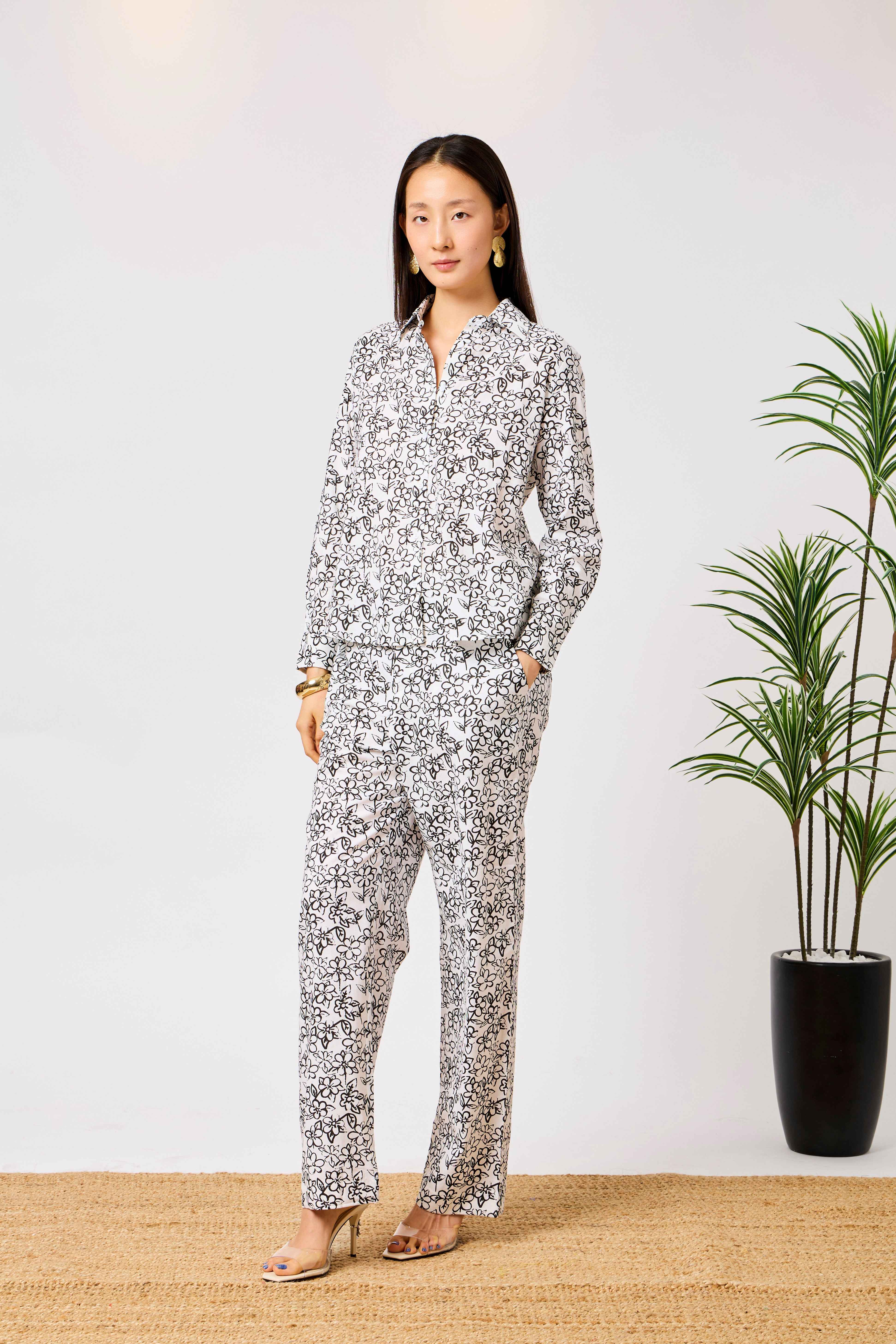White Cotton Linen Blend Floral Button-Down Shirt & Straight Leg Co-Ord Set | Mireya
