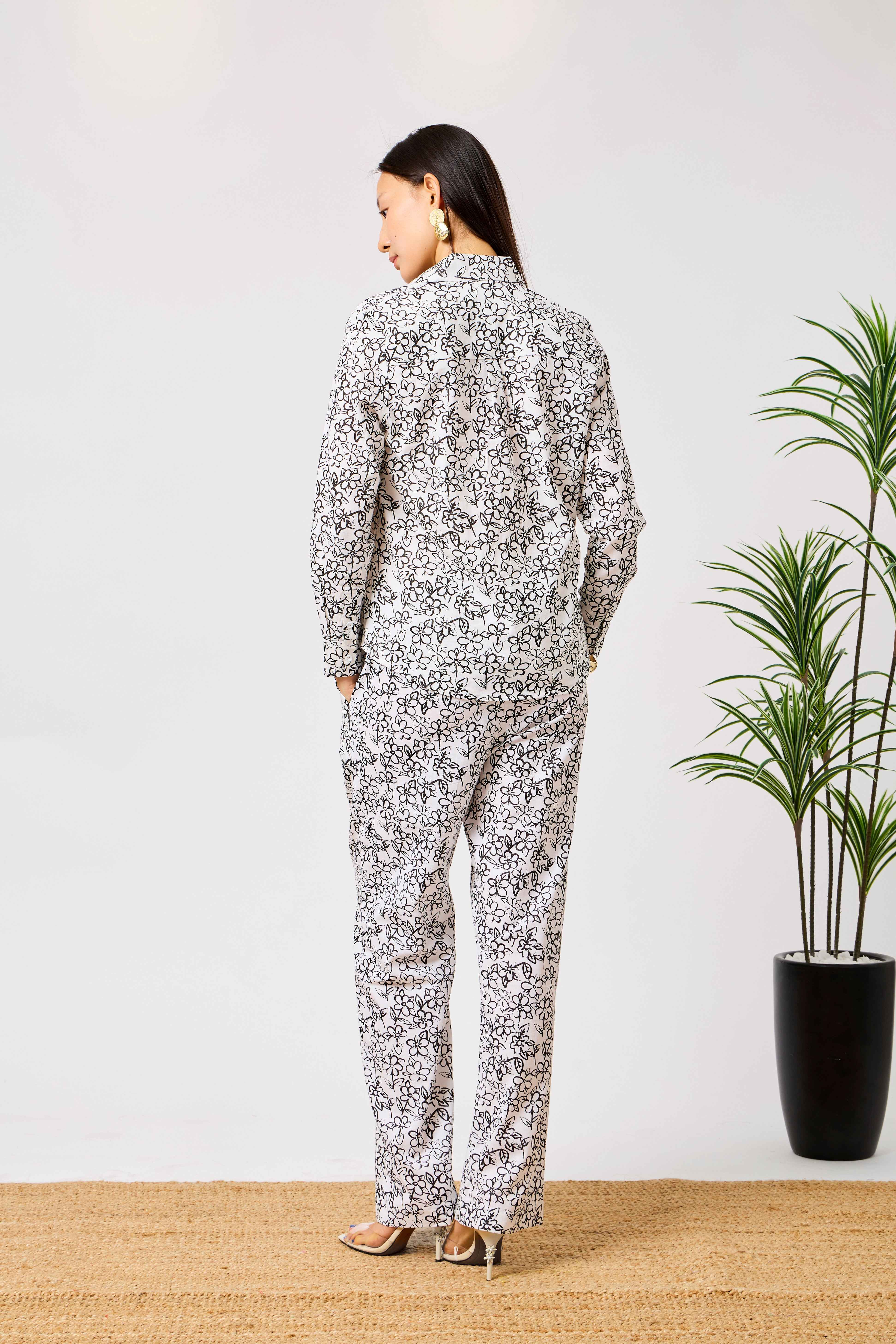 White Cotton Linen Blend Floral Button-Down Shirt & Straight Leg Co-Ord Set | Mireya