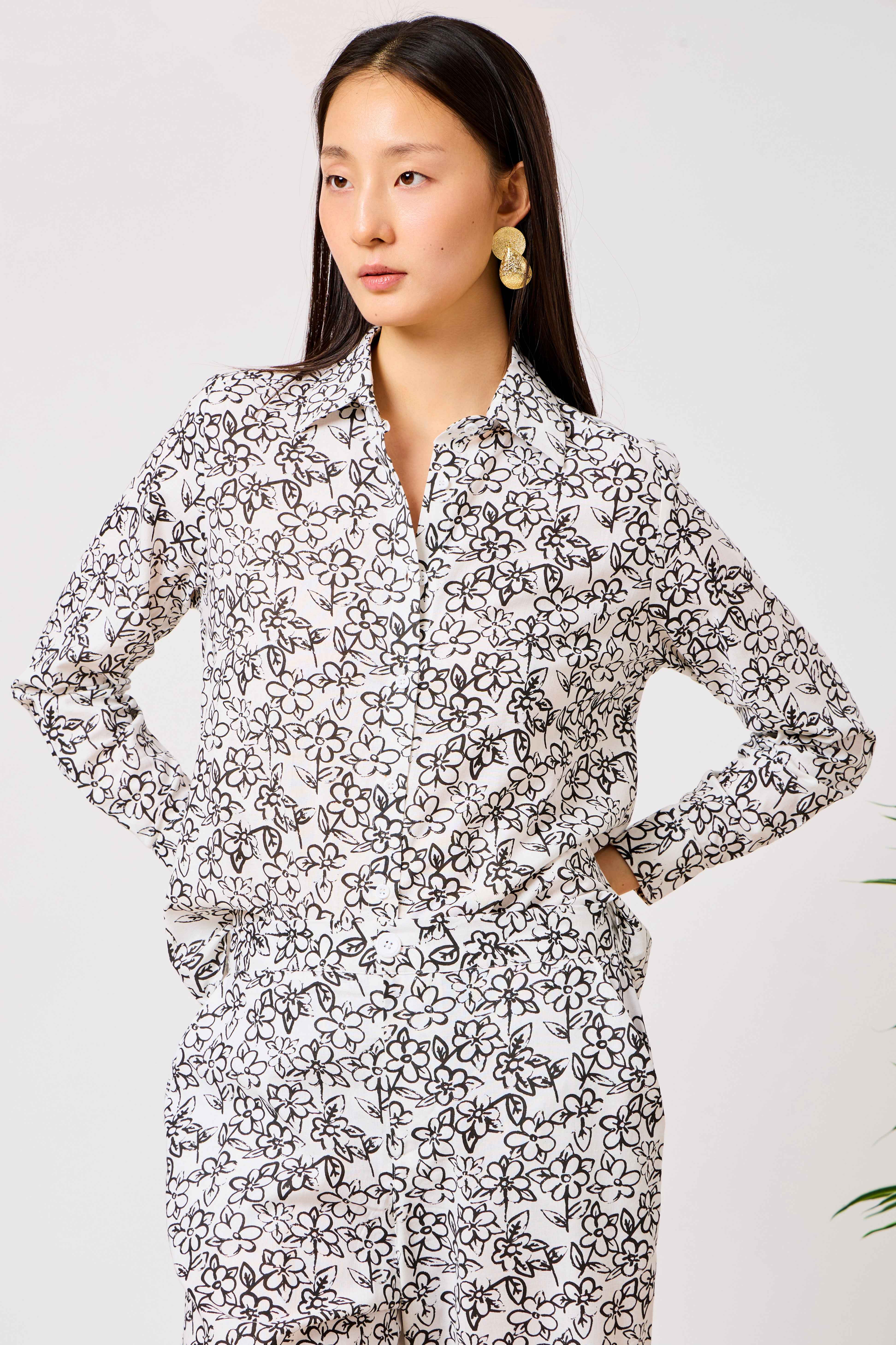 White Cotton Linen Blend Floral Button-Down Shirt & Straight Leg Co-Ord Set | Mireya