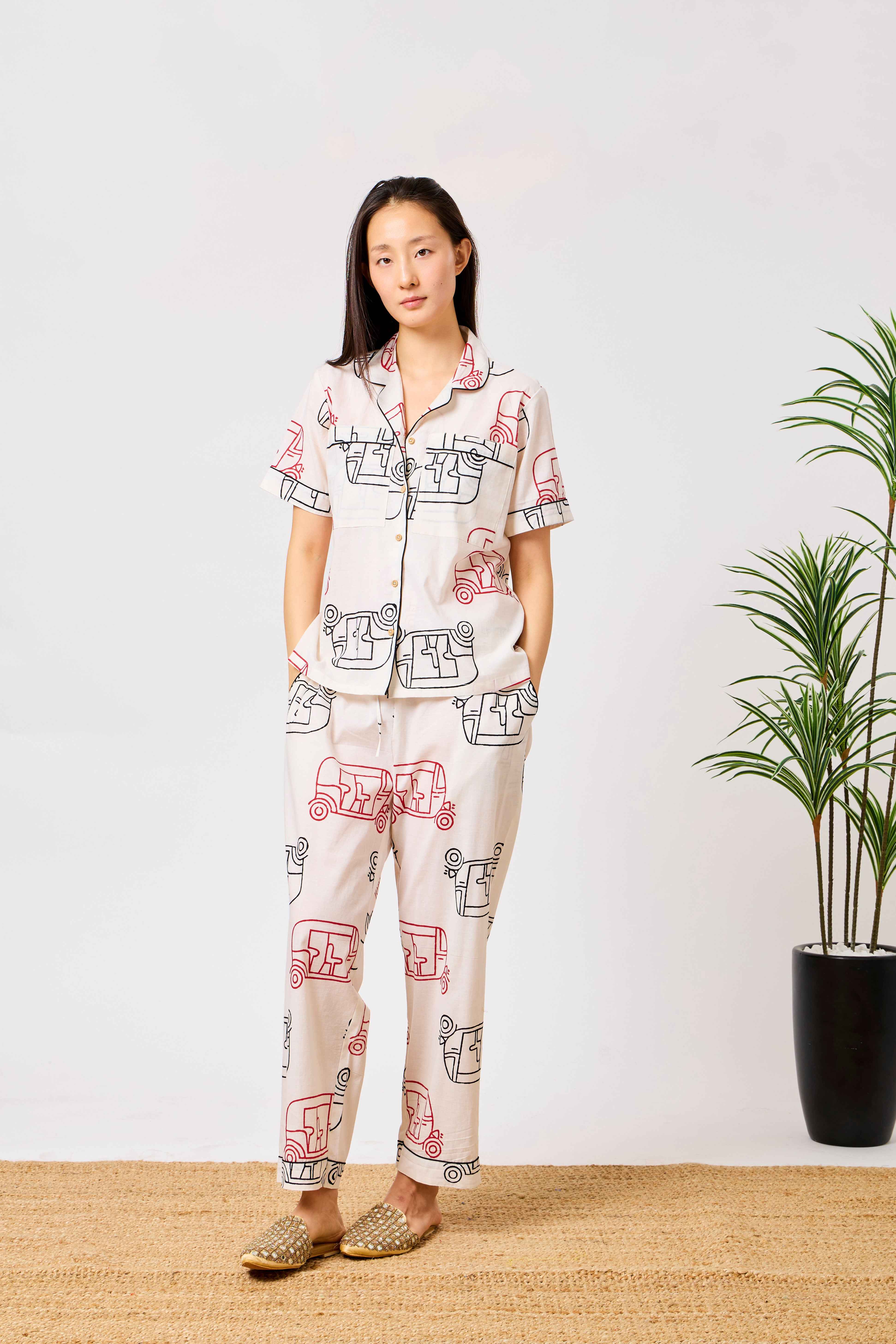 White Cotton Auto Rickshaw Print Night Suit Set with Short Sleeve Button-Down Top & Straight-Fit Trousers | Tuki