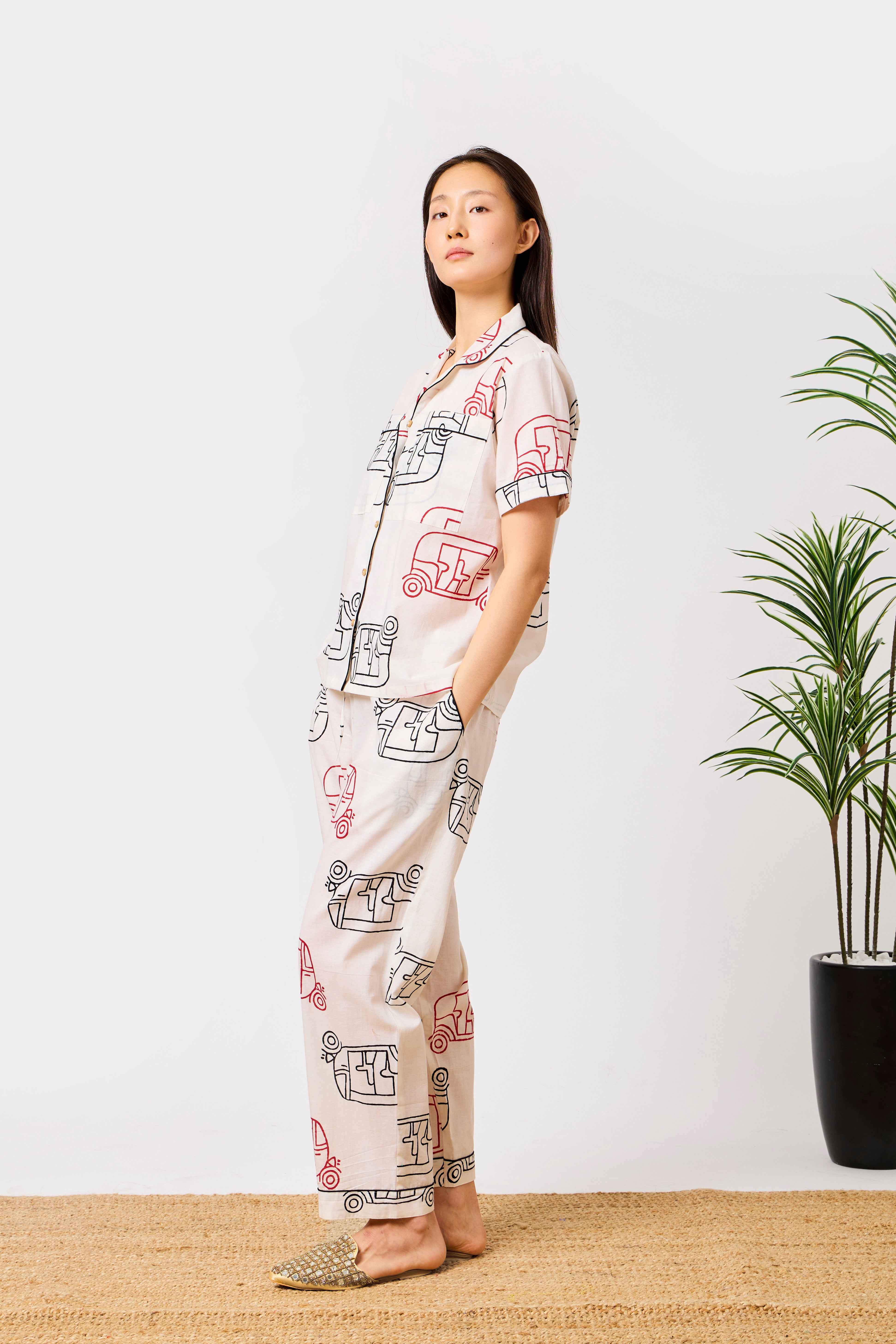 White Cotton Auto Rickshaw Print Night Suit Set with Short Sleeve Button-Down Top & Straight-Fit Trousers | Tuki