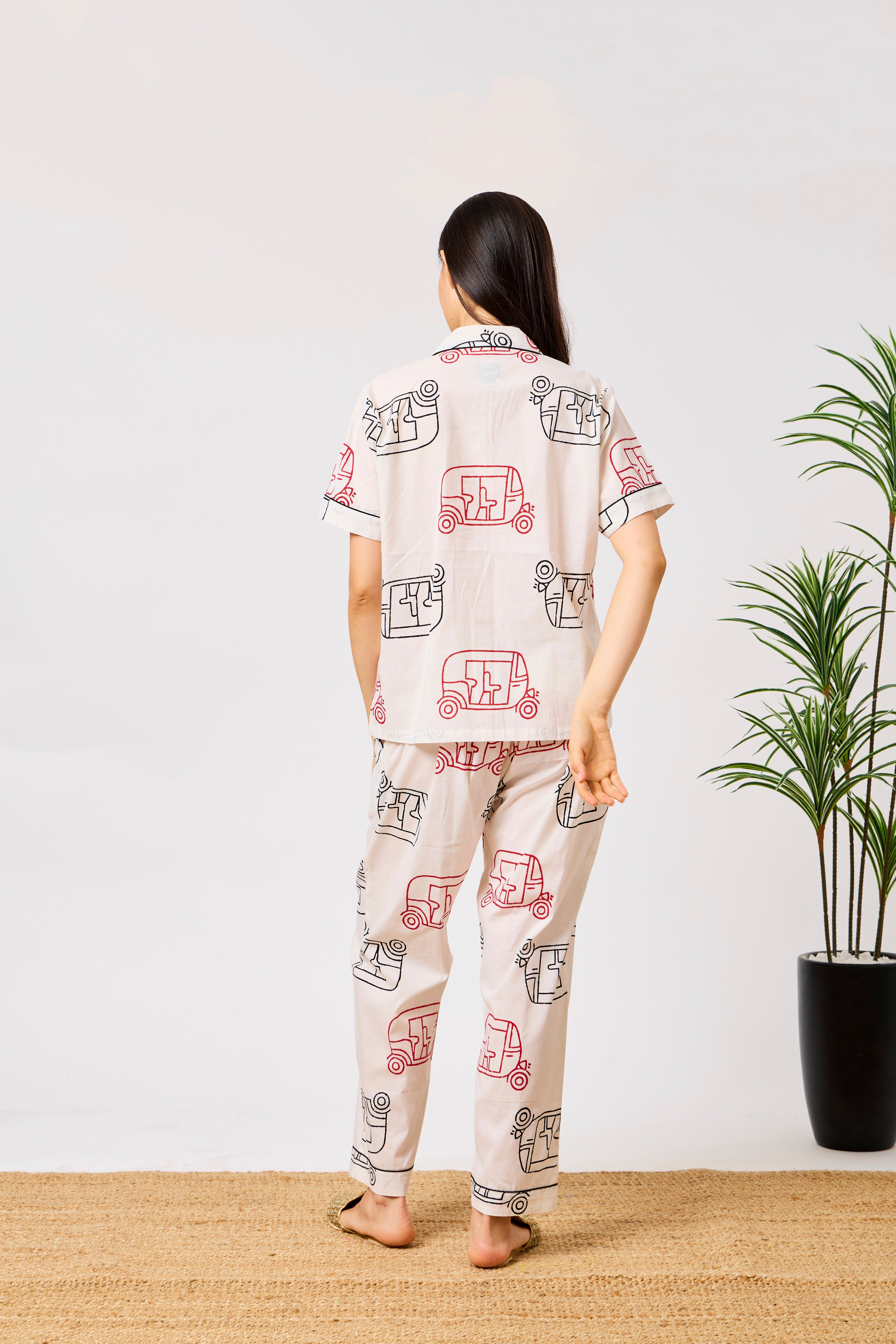 White Cotton Auto Rickshaw Print Night Suit Set with Short Sleeve Button-Down Top & Straight-Fit Trousers | Tuki