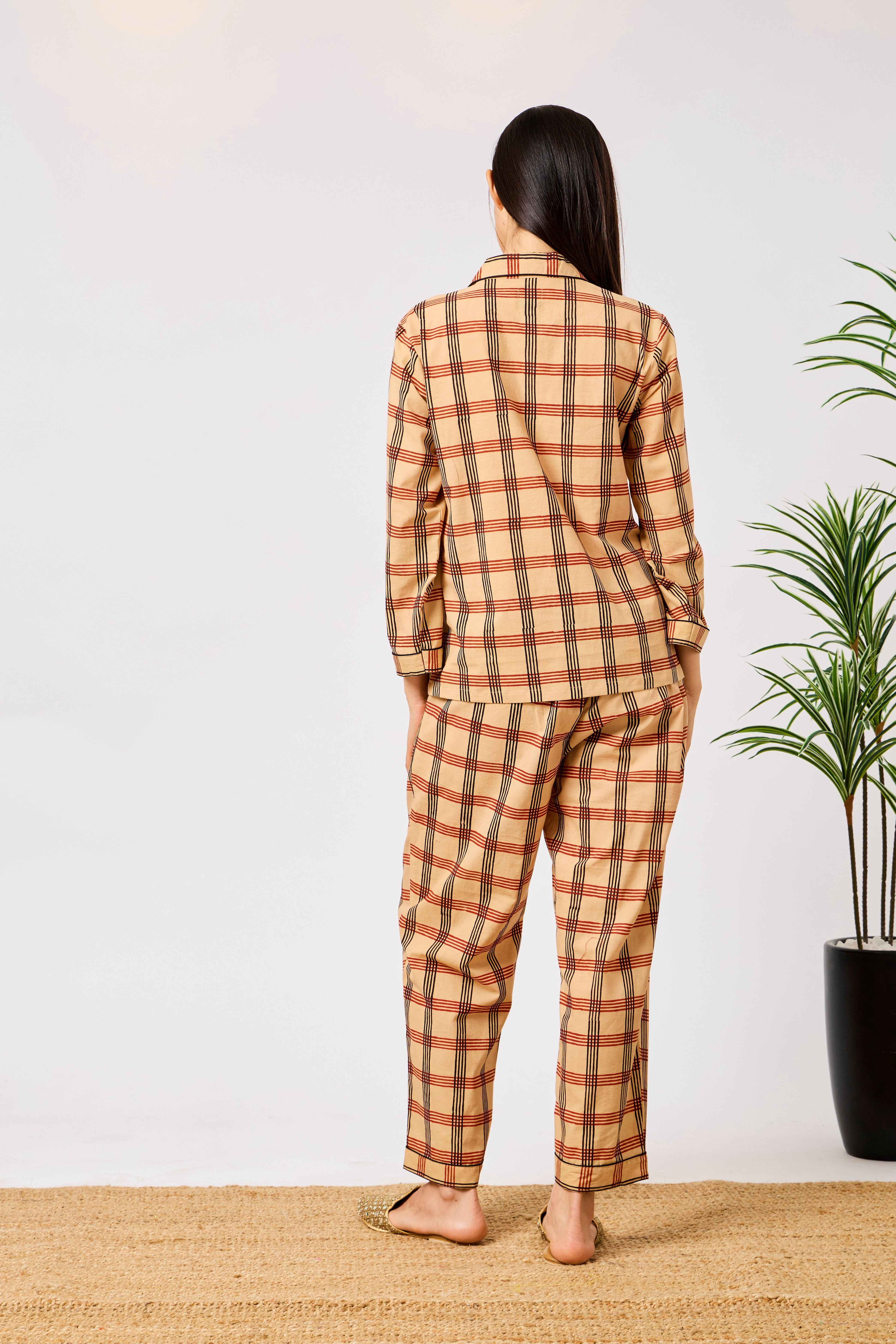 Beige Cotton Checked Night Suit Set with Long Sleeve Button-Down Top & Straight-Fit Trousers | Carina