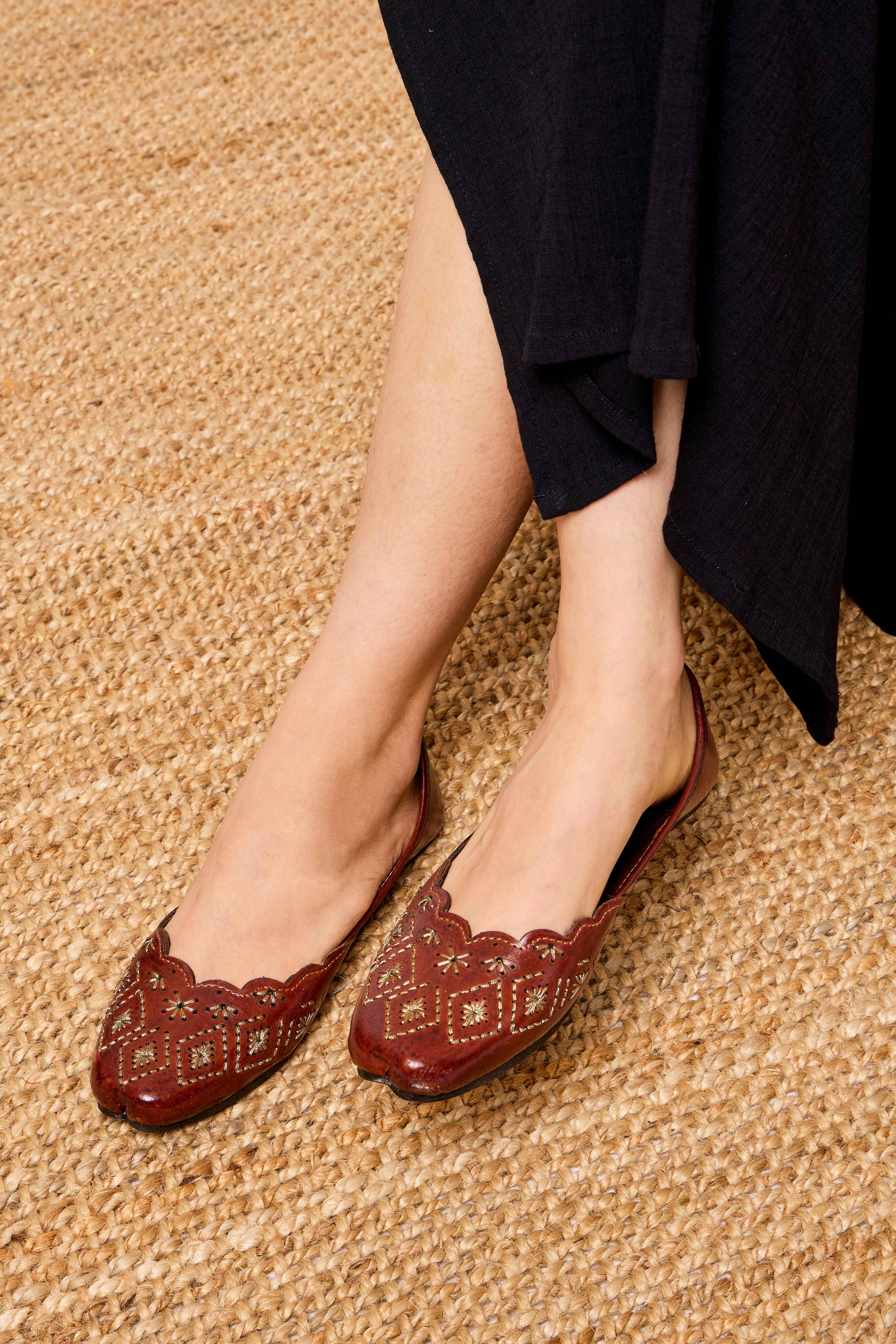 Brown Handmade Jutti with Handcrafted Cutwork & Geometric Embroidery | Hadeel