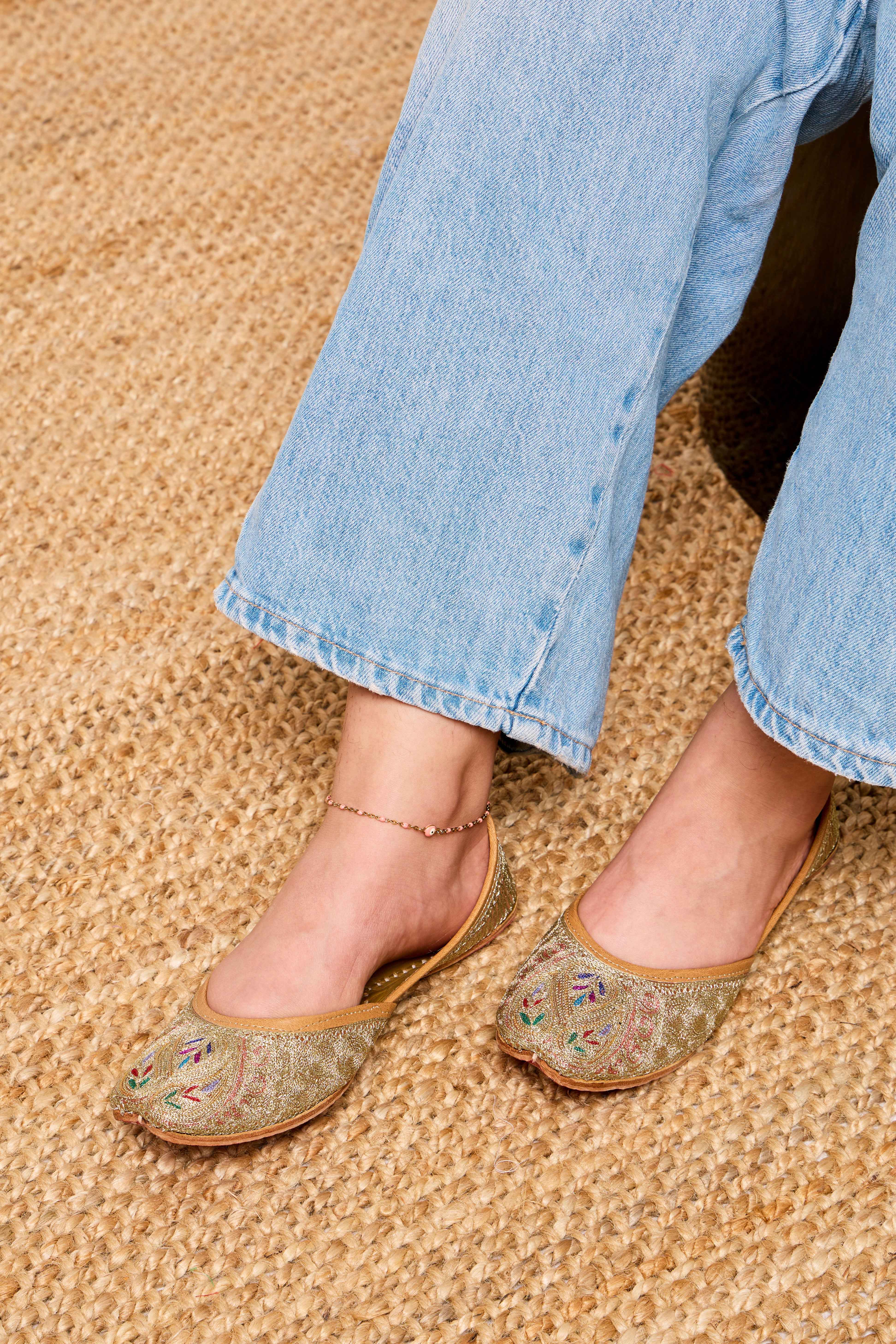 Gold Handmade Jutti with Paisley Embroidery & Multicolour Thread Accents | Samira