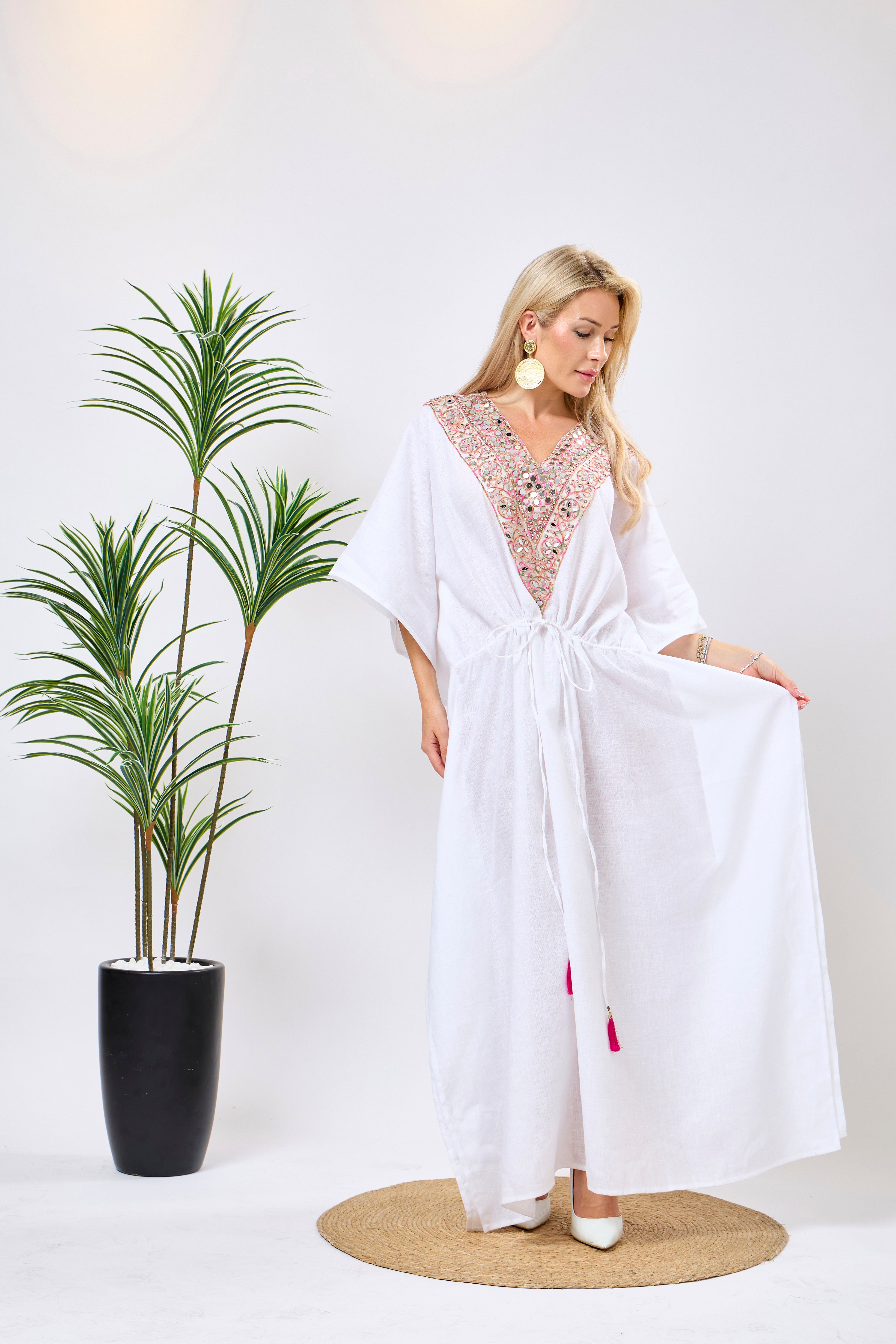 Linen Embroidered Kaftan in White with Pink Mirror Detailing & Adjustable Waist Tie | Seravelle