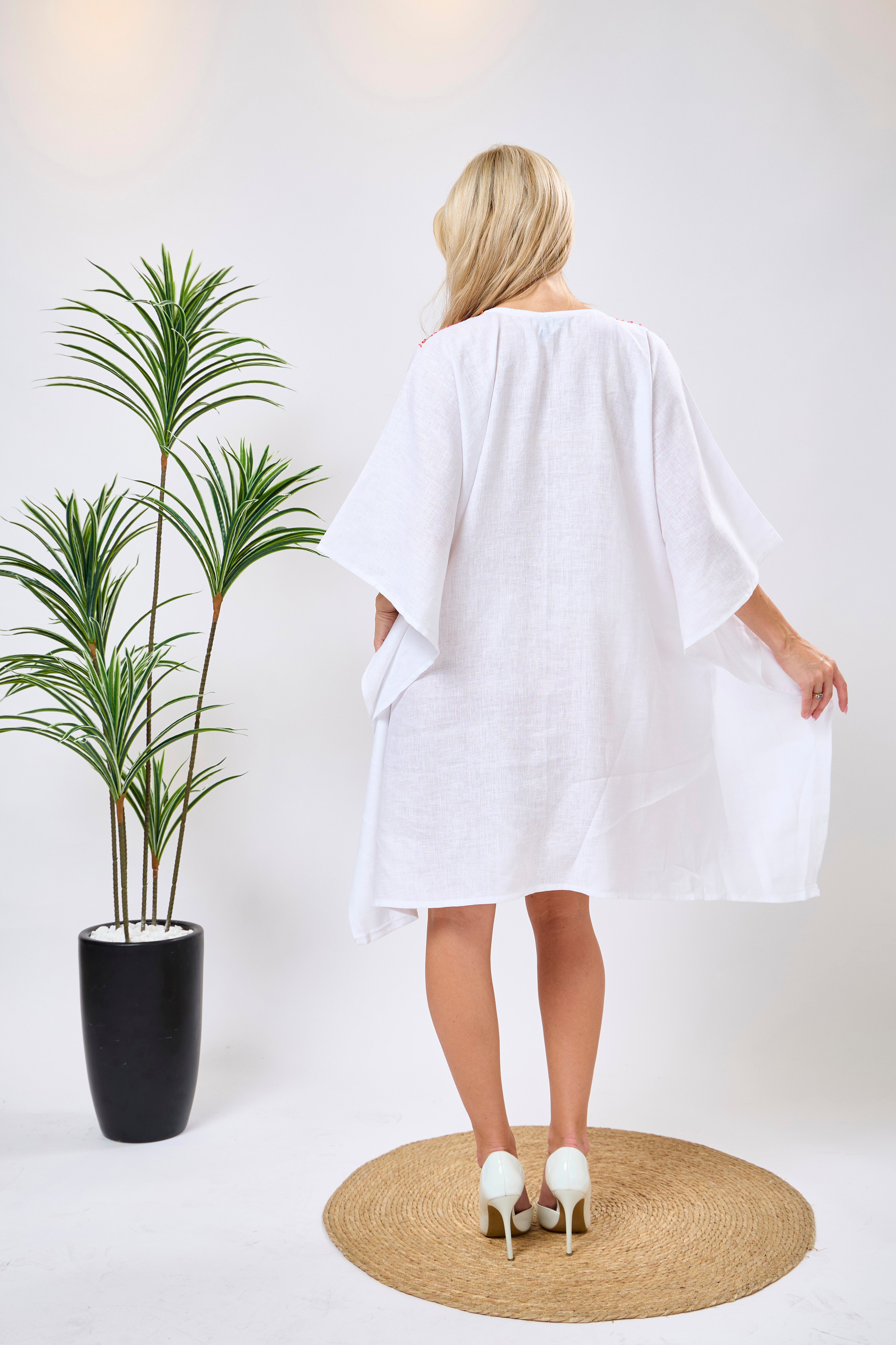 Linen Embroidered Kaftan in White with Silver Mirror Accents & Adjustable Waist Tie | Luneth